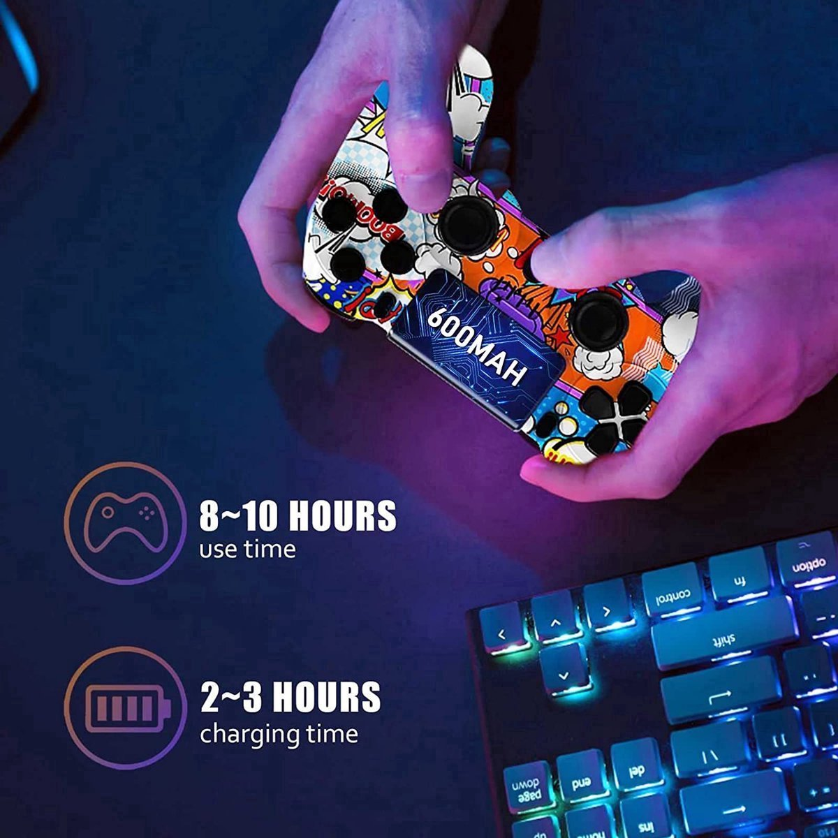 Bunte Controller mit "600MAH" und Tastatur. 8-10 Std. Spielzeit, 2-3 Std. Ladezeit.