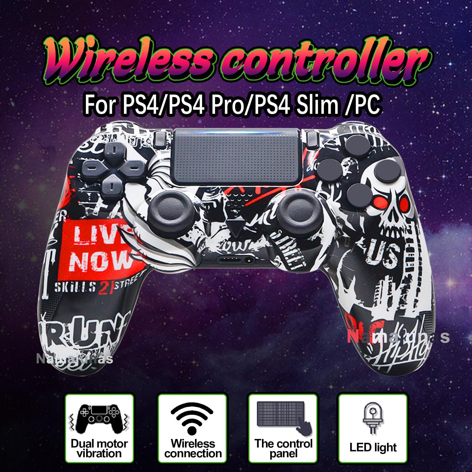 Ein PS4-Controller mit schwarz-weißem Totenkopf-Design und Weltraumhintergrund.
