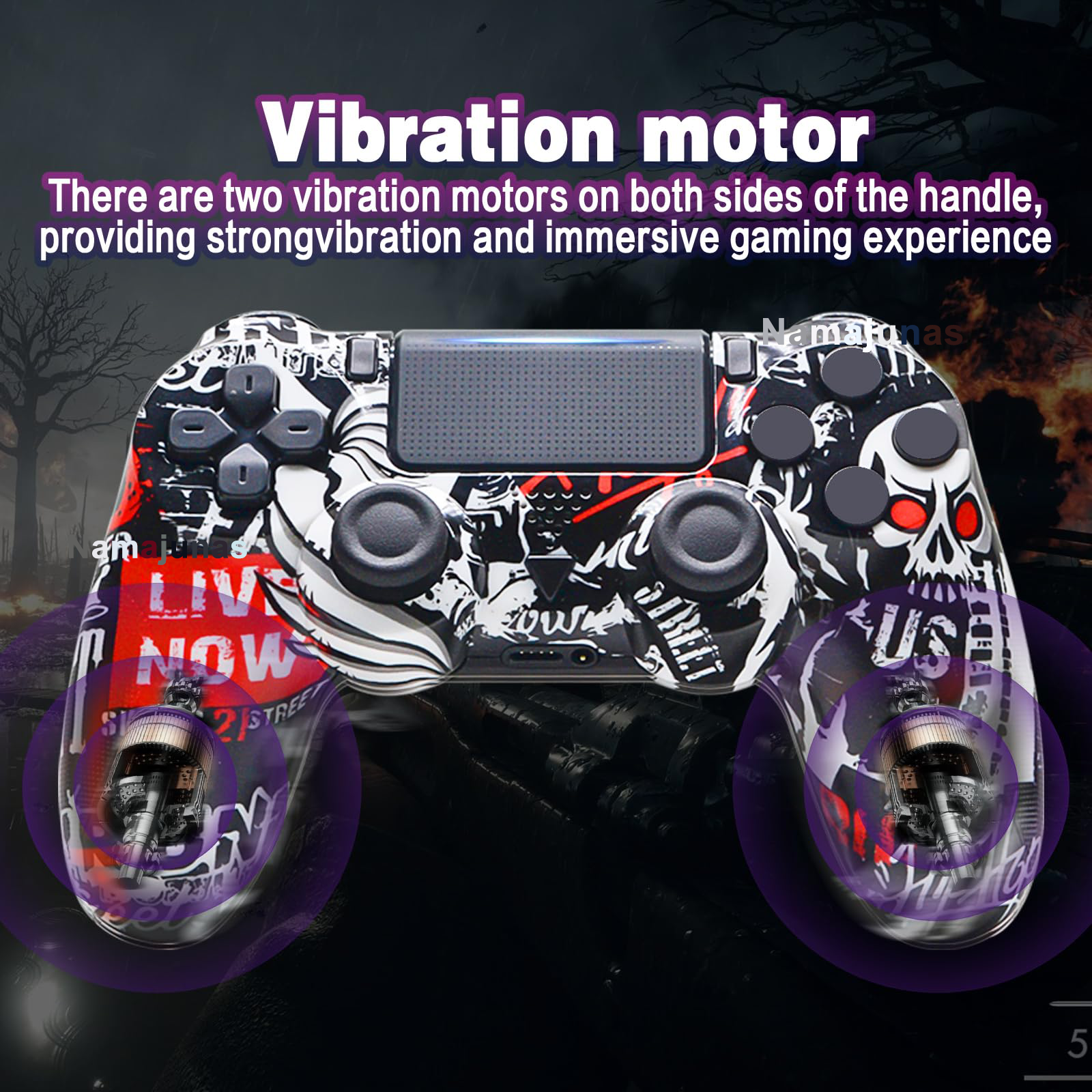 Ein schwarz-weißer Controller mit Totenkopf-Design und sichtbaren Vibrationsmotoren.