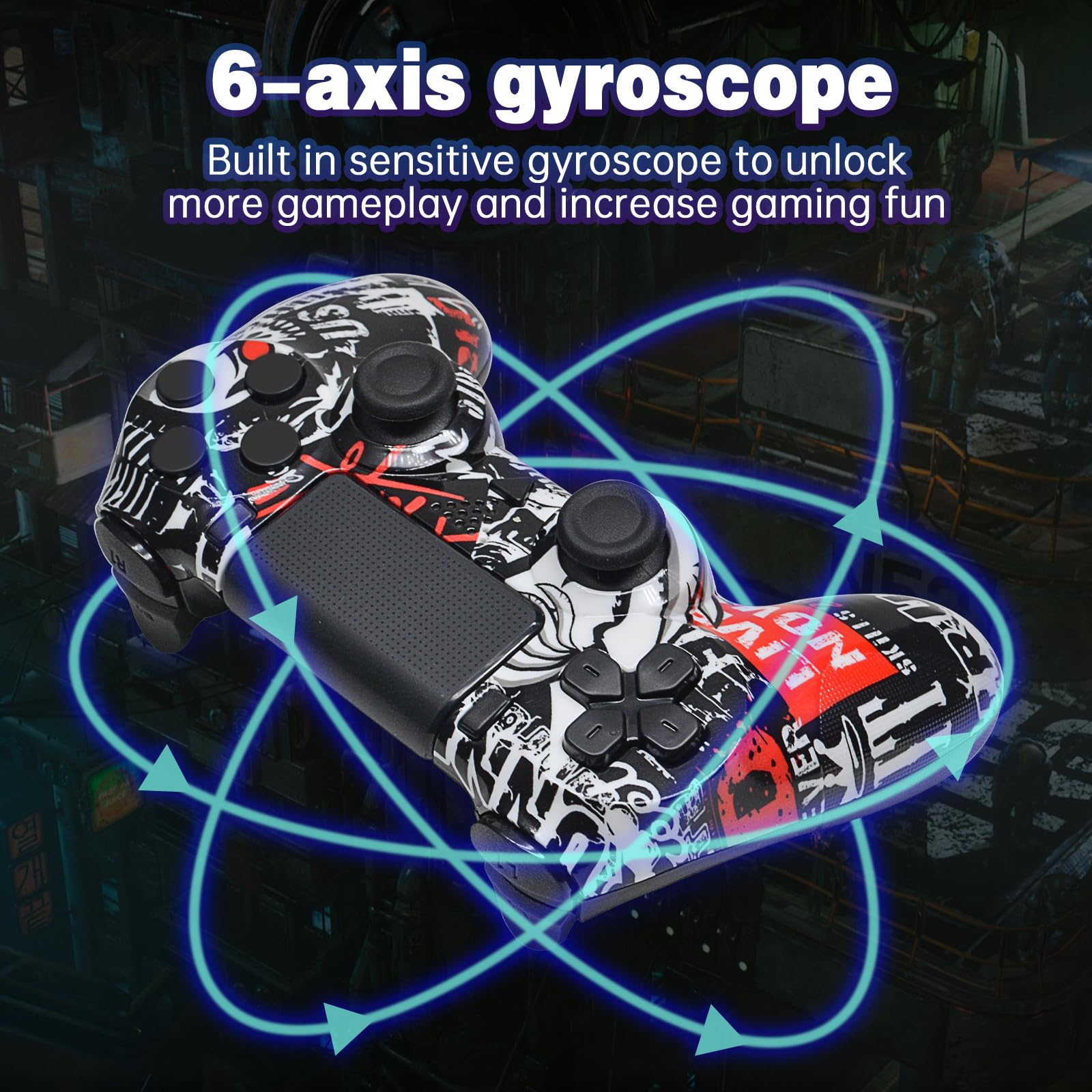 Ein Gaming-Controller mit Graffiti-Design, umgeben von blauen Gyroskop-Linien.