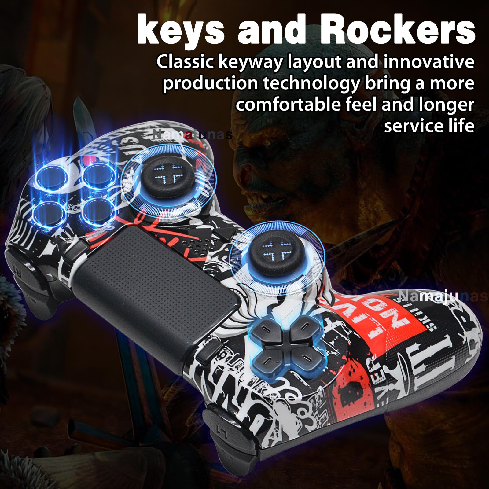 Ein Controller mit Graffiti-Design, mit leuchtenden Tasten und Joysticks.