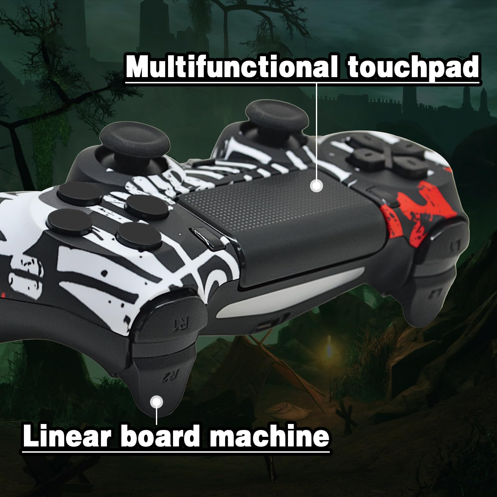 Ein Gaming-Controller mit weiß-schwarzem Muster und roten Akzenten.