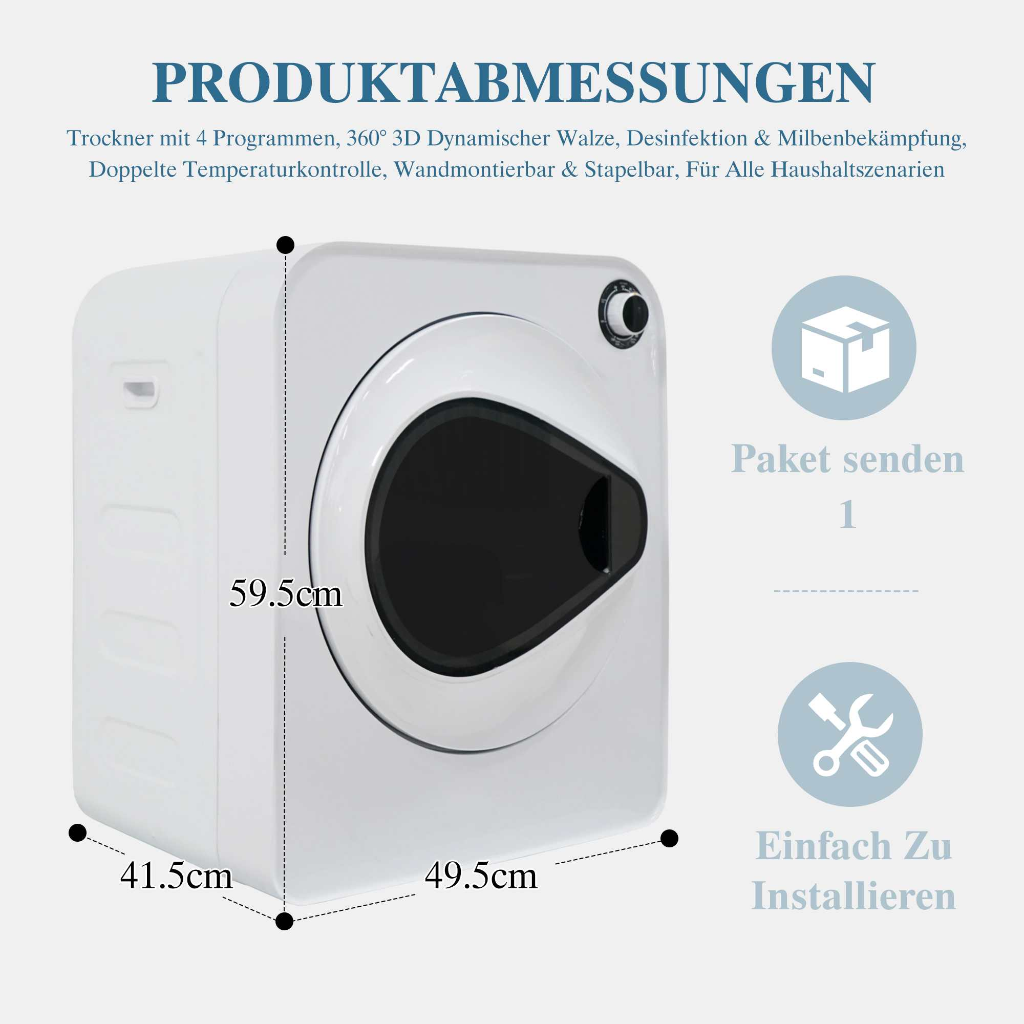 Weißer Trockner mit Maßen 41,5x49,5x59,5cm. Icon für Paket & Werkzeug.