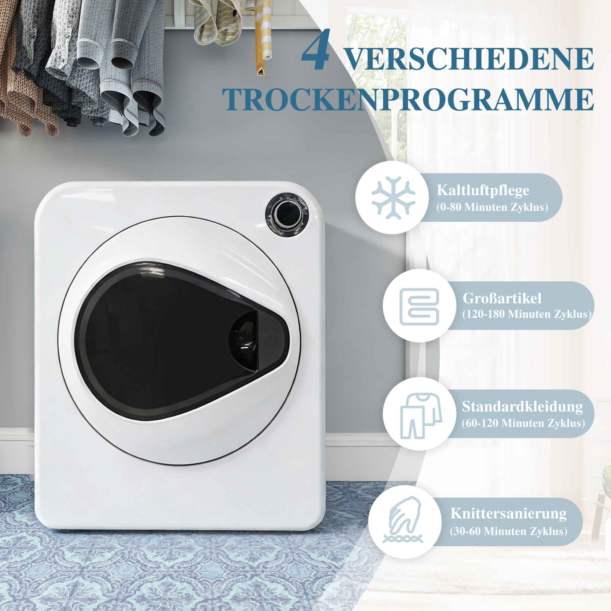 Weiße Trocknermaschine mit 4 Trockenprogrammen und Icons.