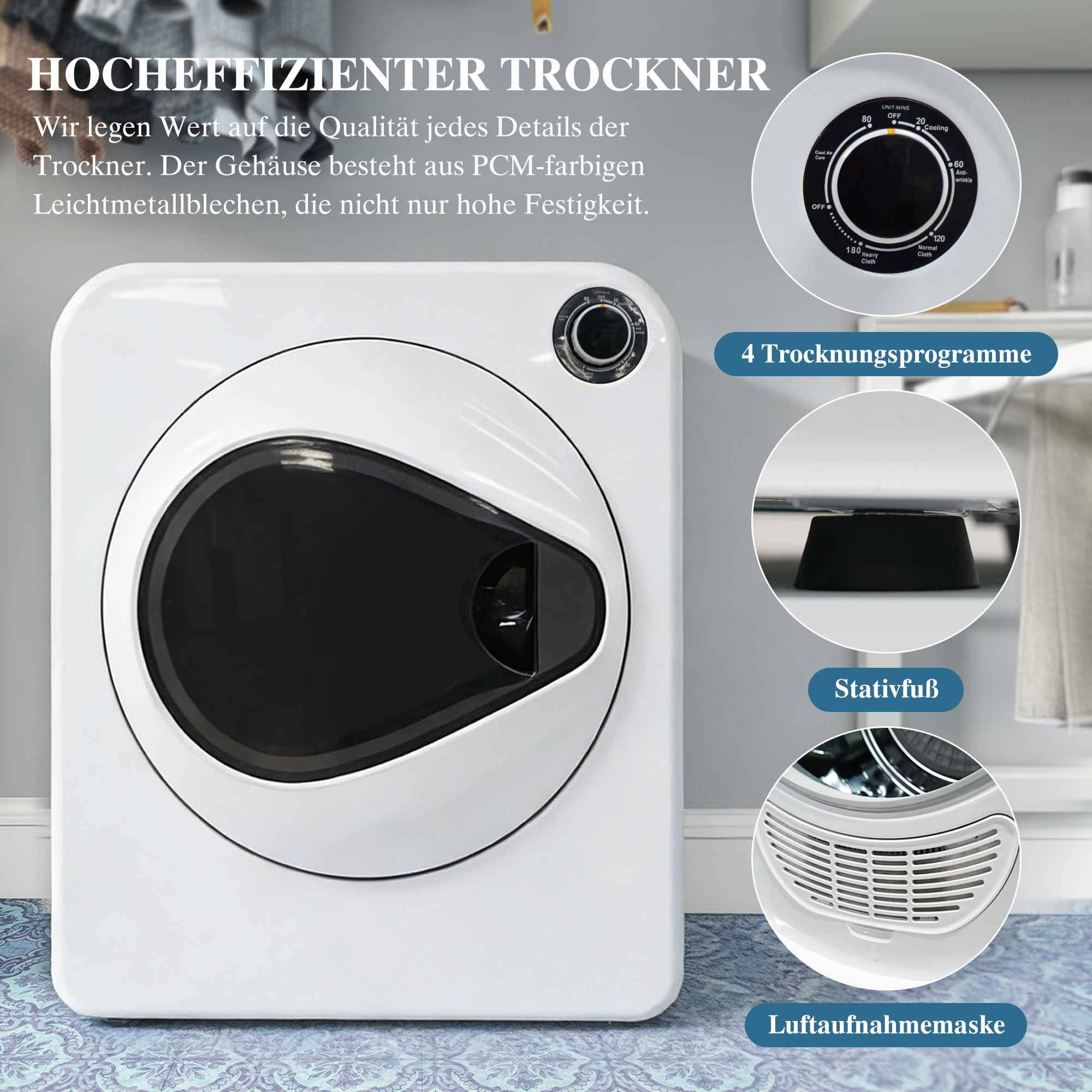 Ein weißer Trockner mit schwarzer Tür und Bedienfeld. Zeigt Programme, Füße und Lufteinlass.