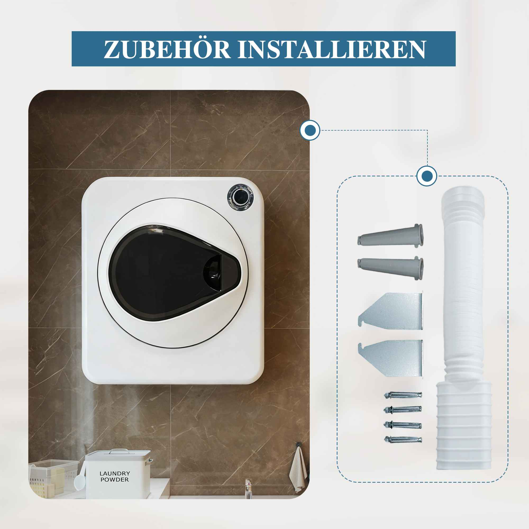 Waschmaschine mit Zubehör: Schlauch, Adapter und Schrauben.