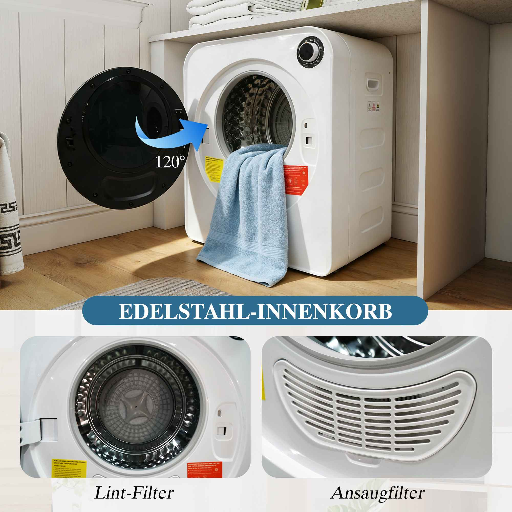 Eine weiße Waschmaschine mit offener Tür, einem blauen Handtuch und Text.