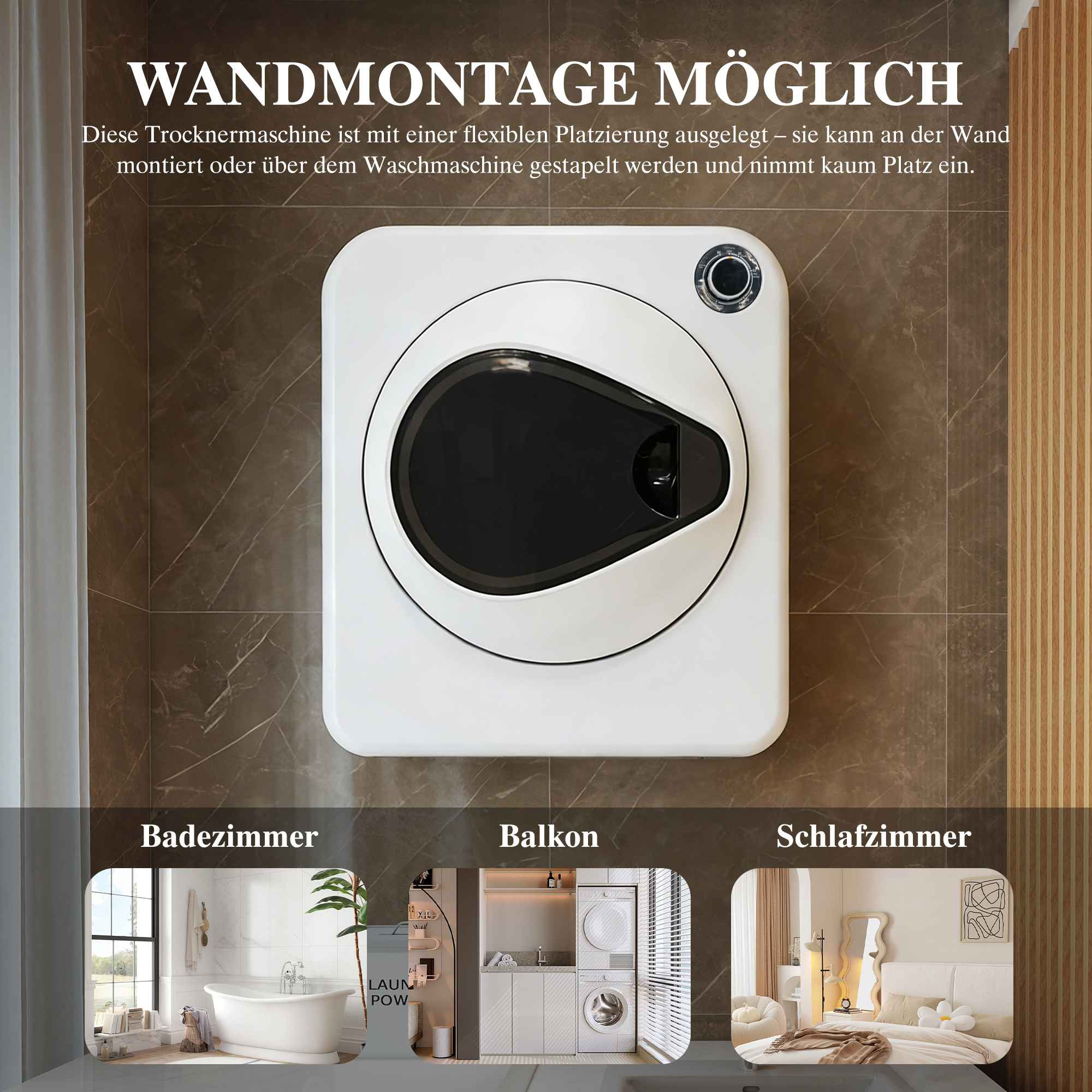 Weiße Wandtrocknermaschine mit schwarzer Tür, über drei Szenen: Bad, Balkon, Schlafzimmer.