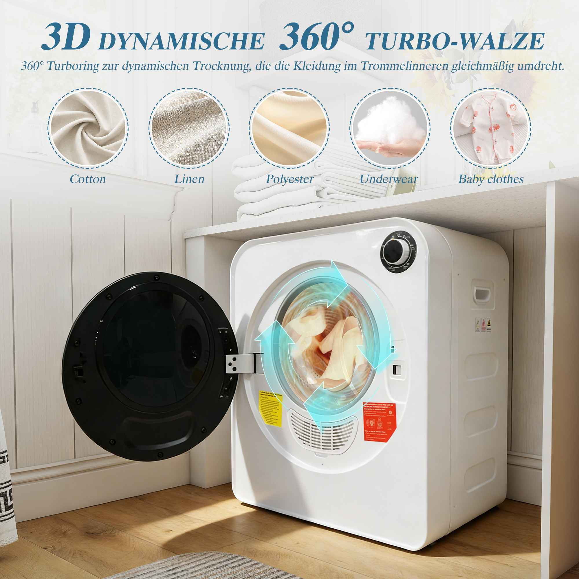 Ein weißer Trockner mit offener Tür, Kleidung im Inneren und 5 Materialbeispielen oben.