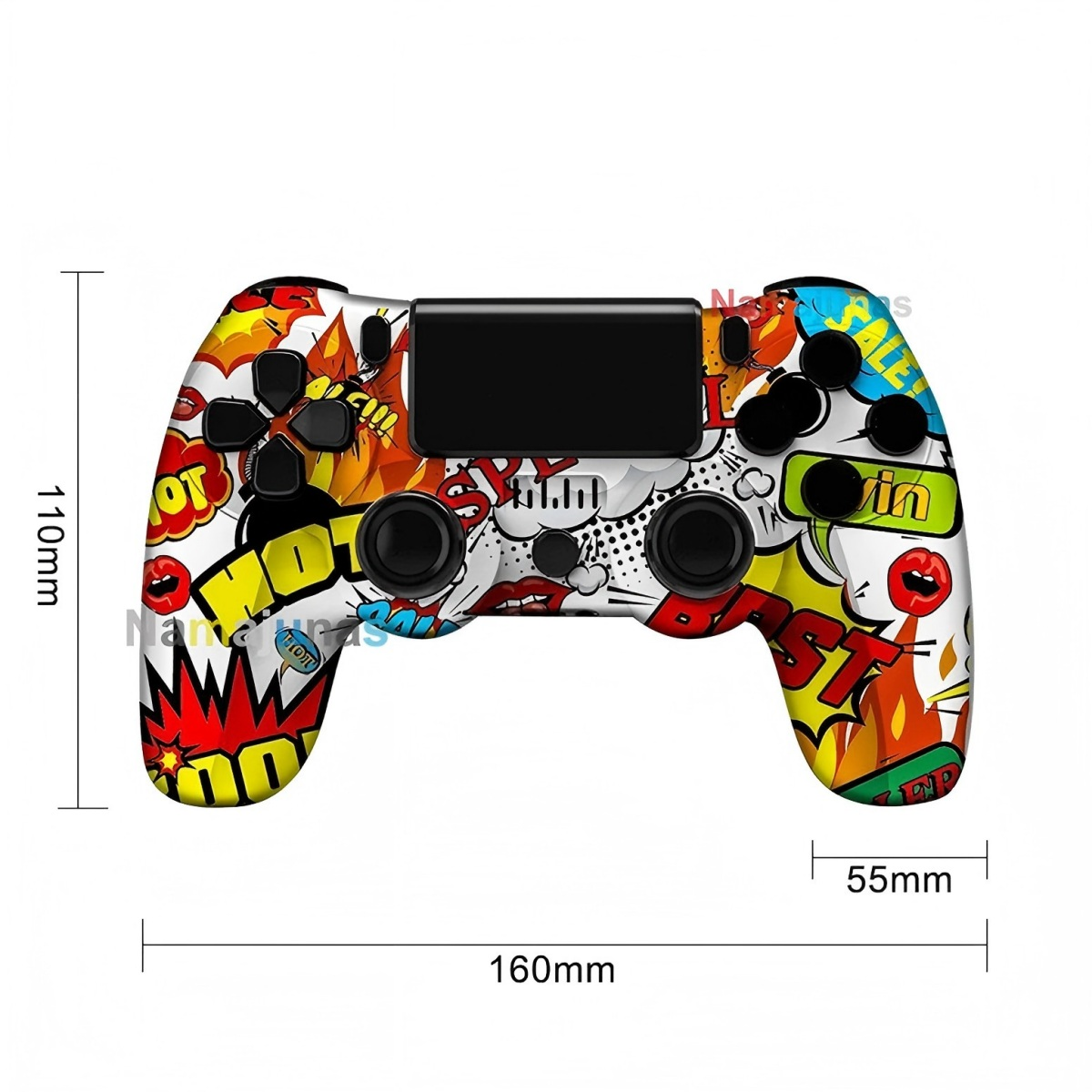Ein bunter Comic-Controller mit den Worten "Hot", "Win", "Best" und Feuer.