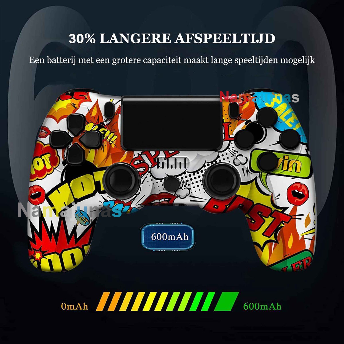 Ein bunter Gamecontroller mit Comic-Aufdruck und Ladeanzeige.
