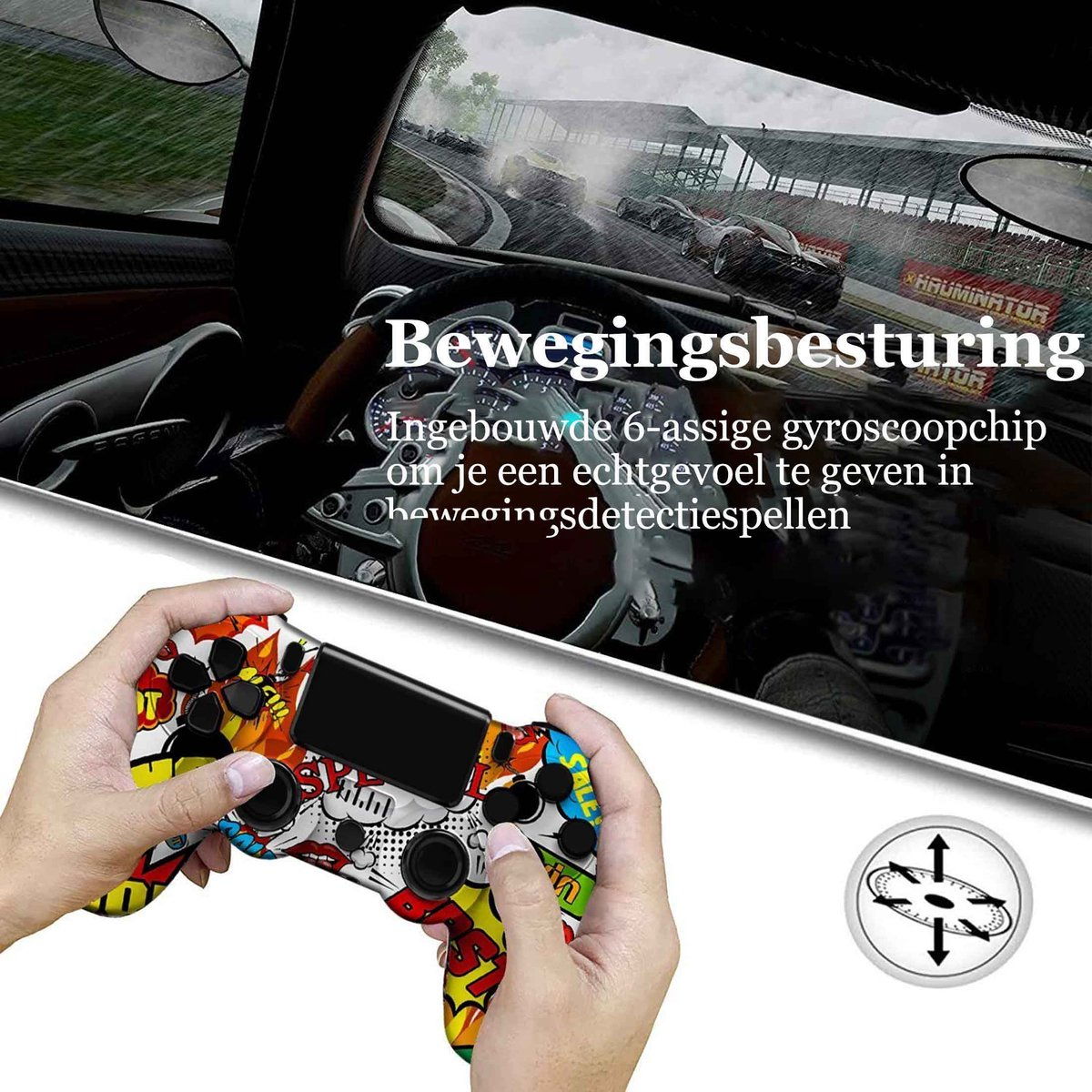 Bunte Controller-Grafik mit Rennspiel-Szene und Text.