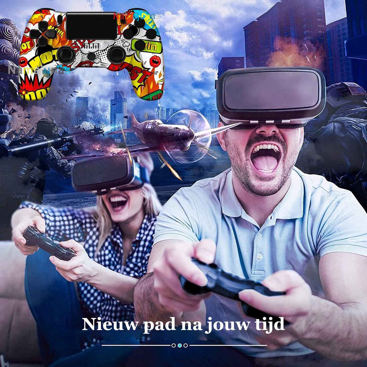 Personen mit VR-Brillen spielen Videospiele mit bunten Controller vor Stadtkulisse.