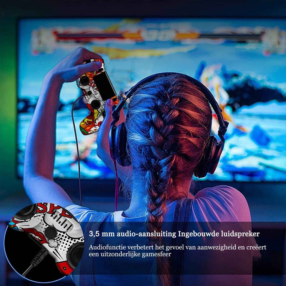 Mädchen mit Kopfhörern spielt Videospiel mit buntem Controller vor einem leuchtenden Bildschirm.