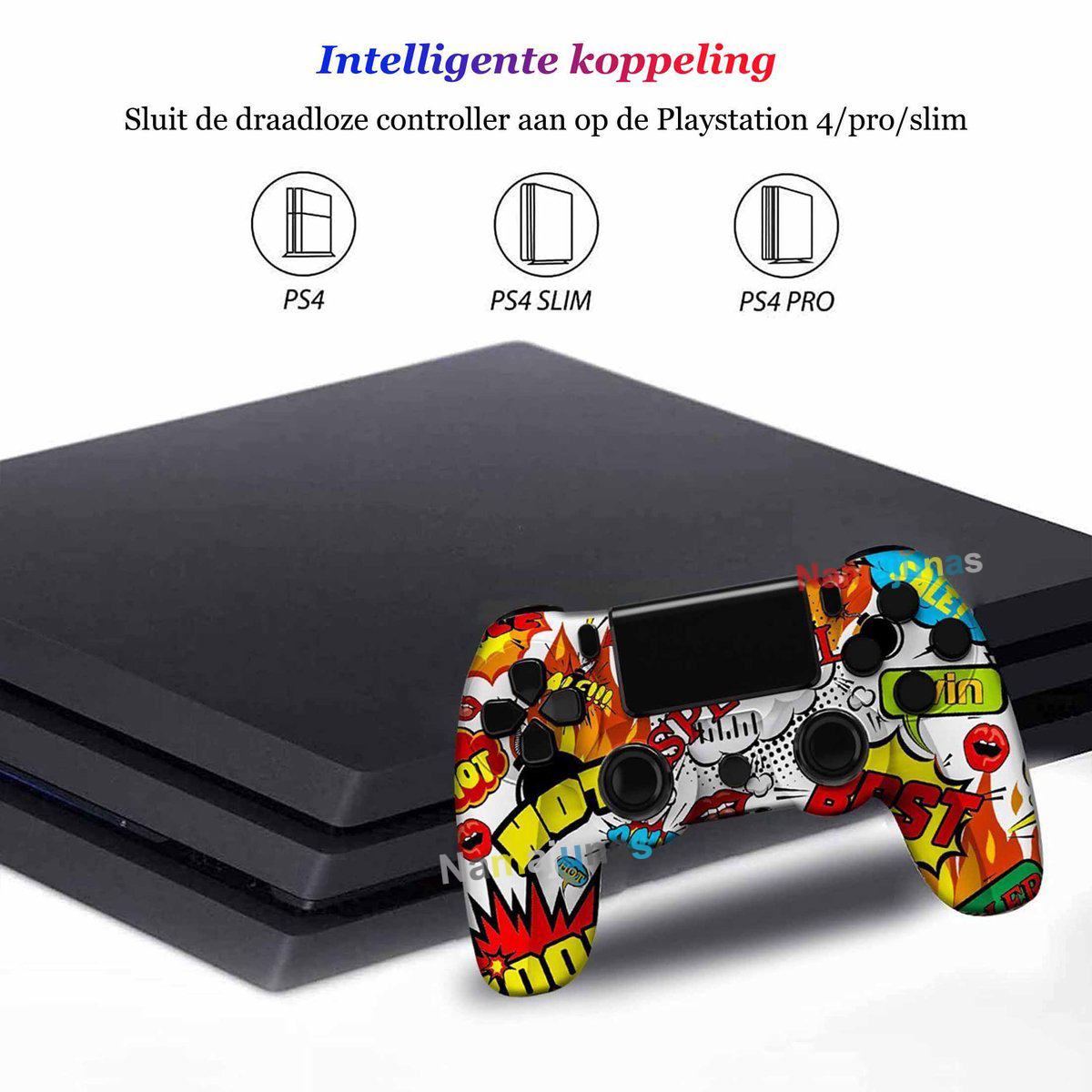 Ein bunter PS4-Controller liegt vor einer schwarzen PS4-Konsole.