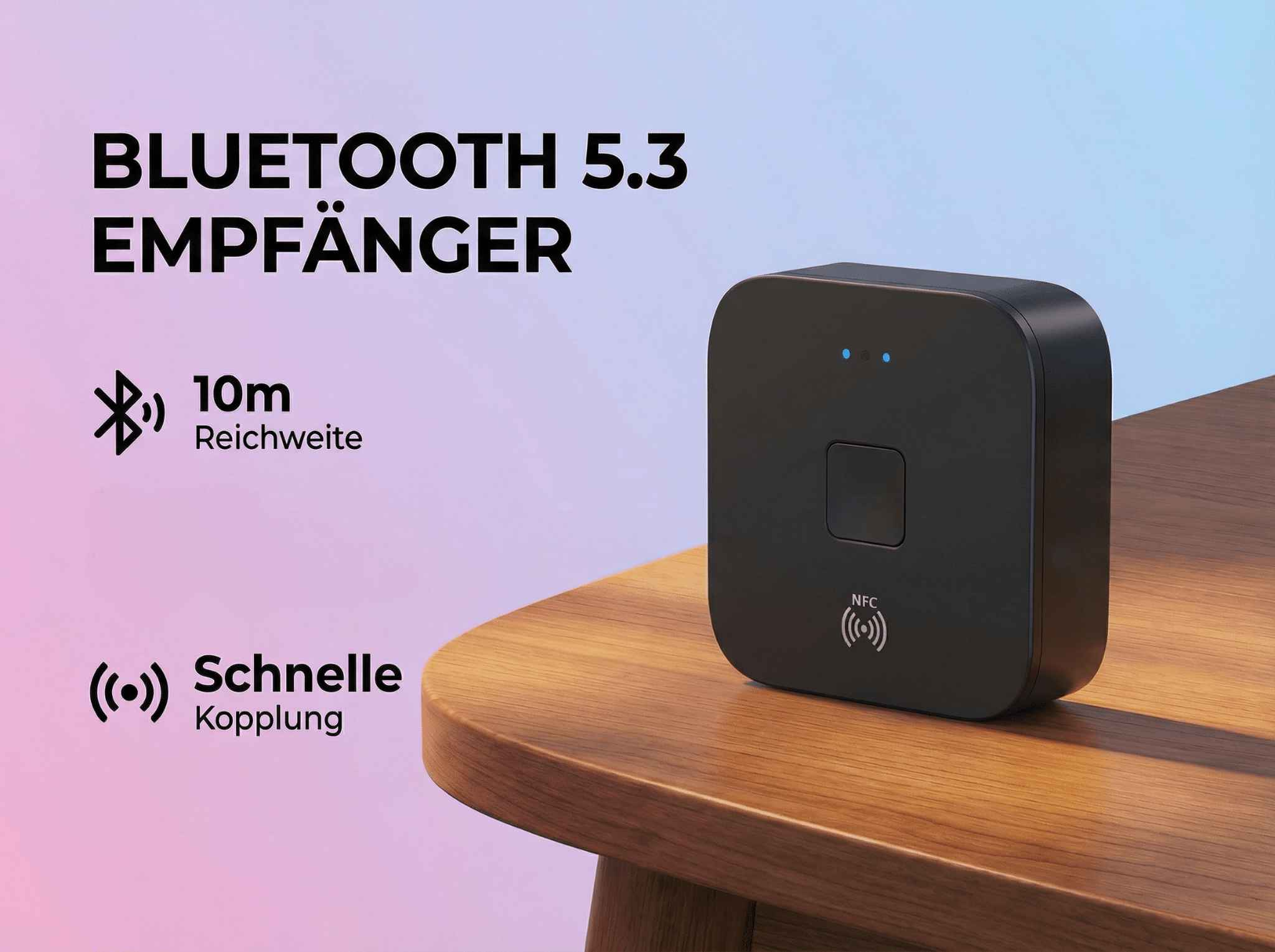 Ein schwarzer Bluetooth 5.3 Empfänger mit NFC auf einem Holztisch.