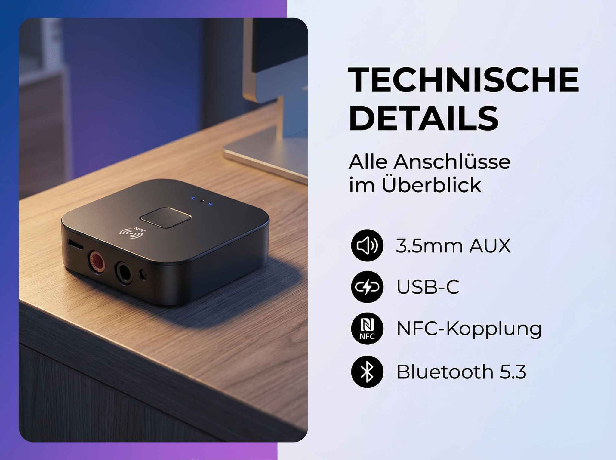 Schwarzer Bluetooth-Adapter mit Anschlüssen und technischen Details wie 3.5mm AUX, USB-C.