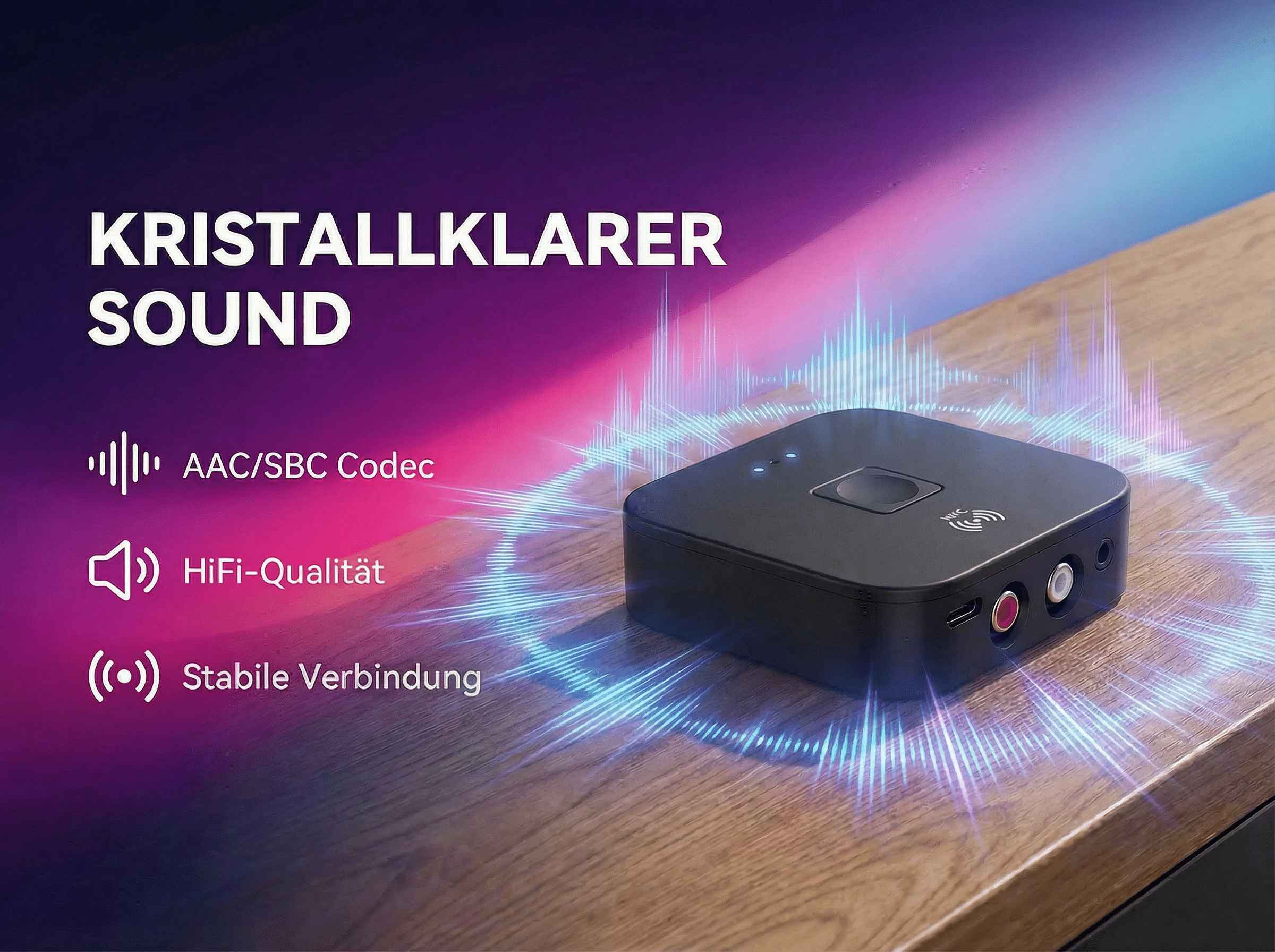 Ein schwarzer Audiokonnektor auf einem Holztisch mit Lichtwellen.