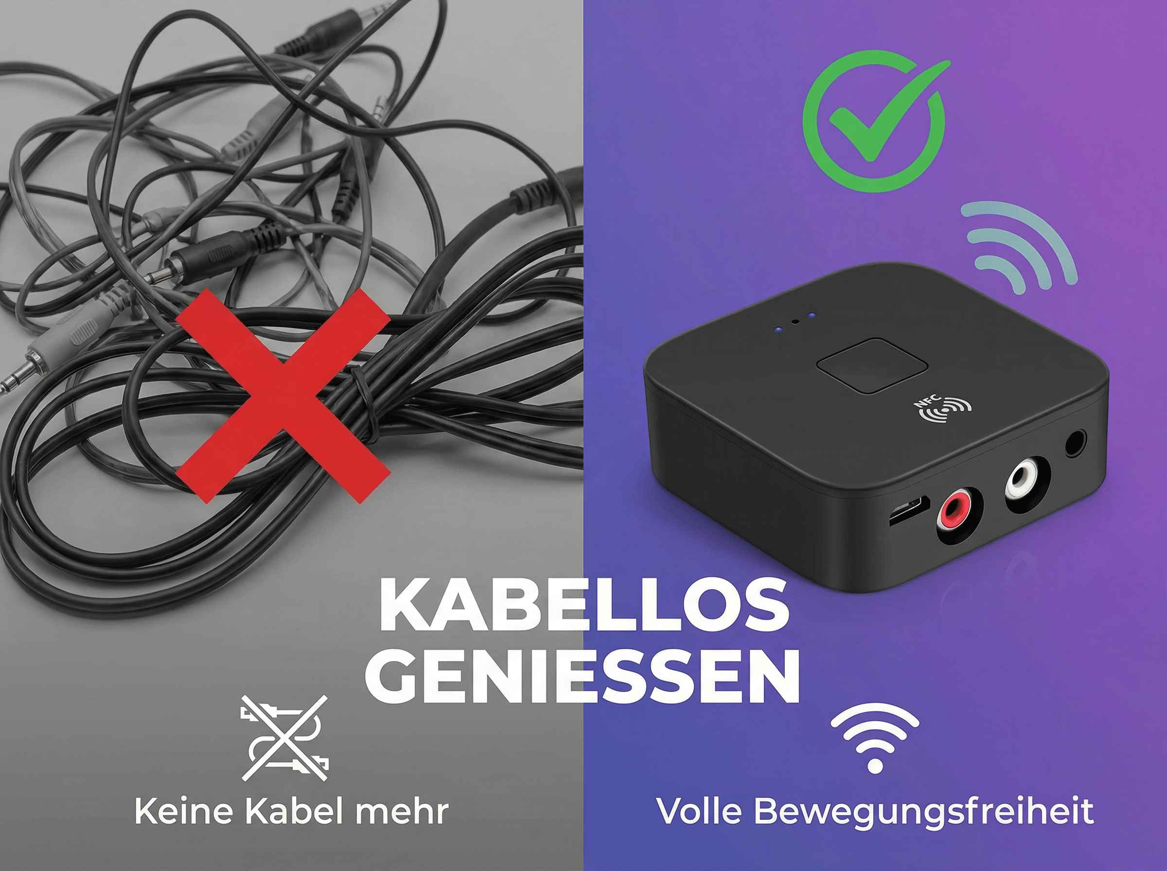 Kabelloser Empfänger mit RCA- und Kopfhöreranschlüssen neben einem Durcheinander von Kabeln.