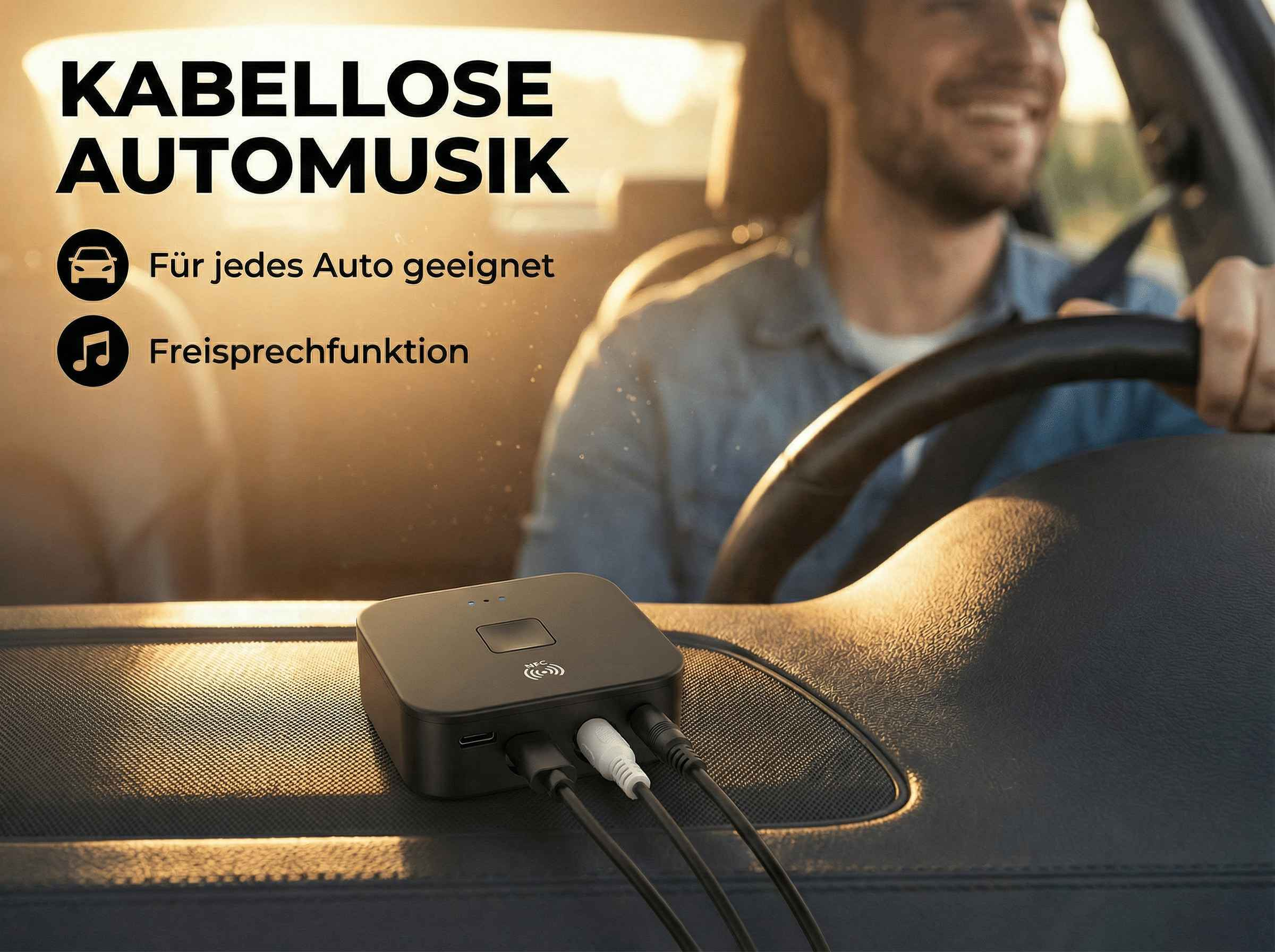 Ein Mann fährt Auto und lächelt. Ein schwarzes Gerät ist auf dem Armaturenbrett.