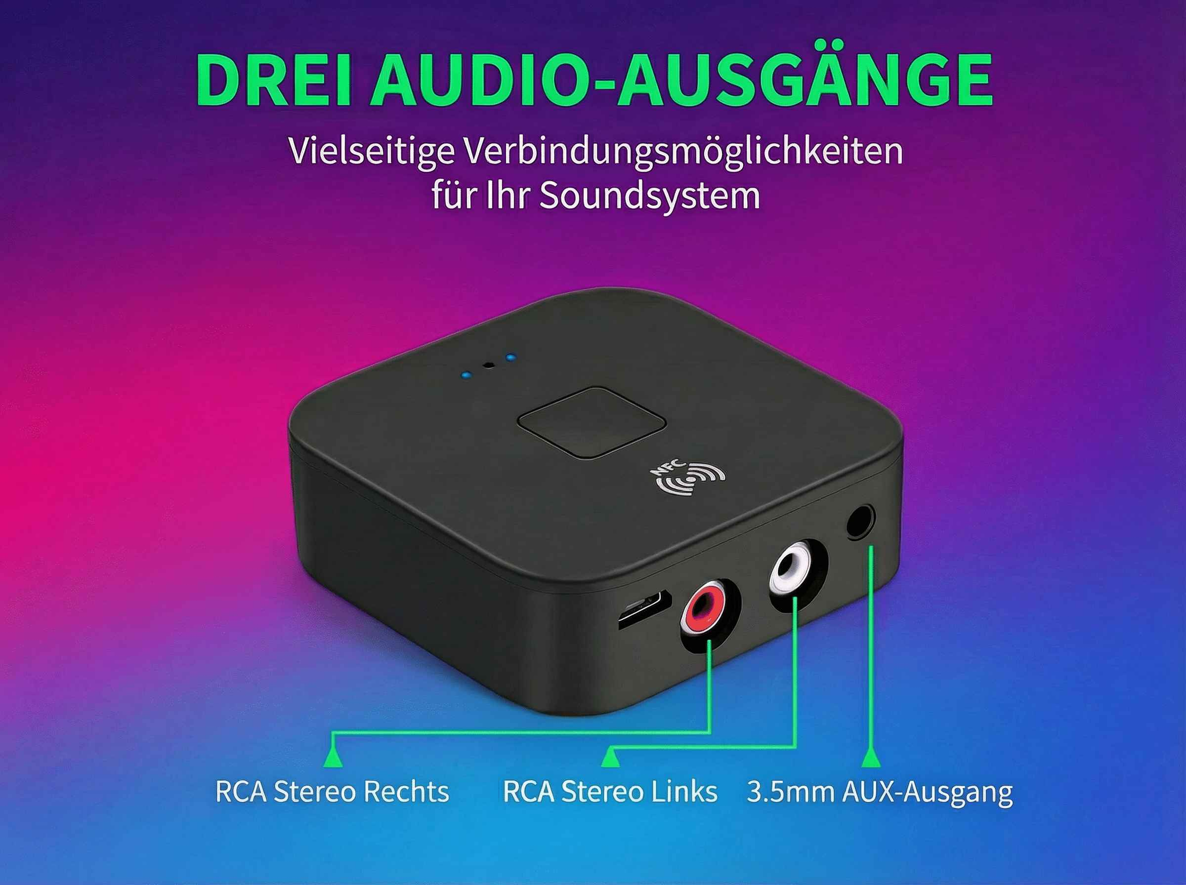 Schwarzes Audiogerät mit RCA- und AUX-Anschlüssen auf lila/pinkem Hintergrund.