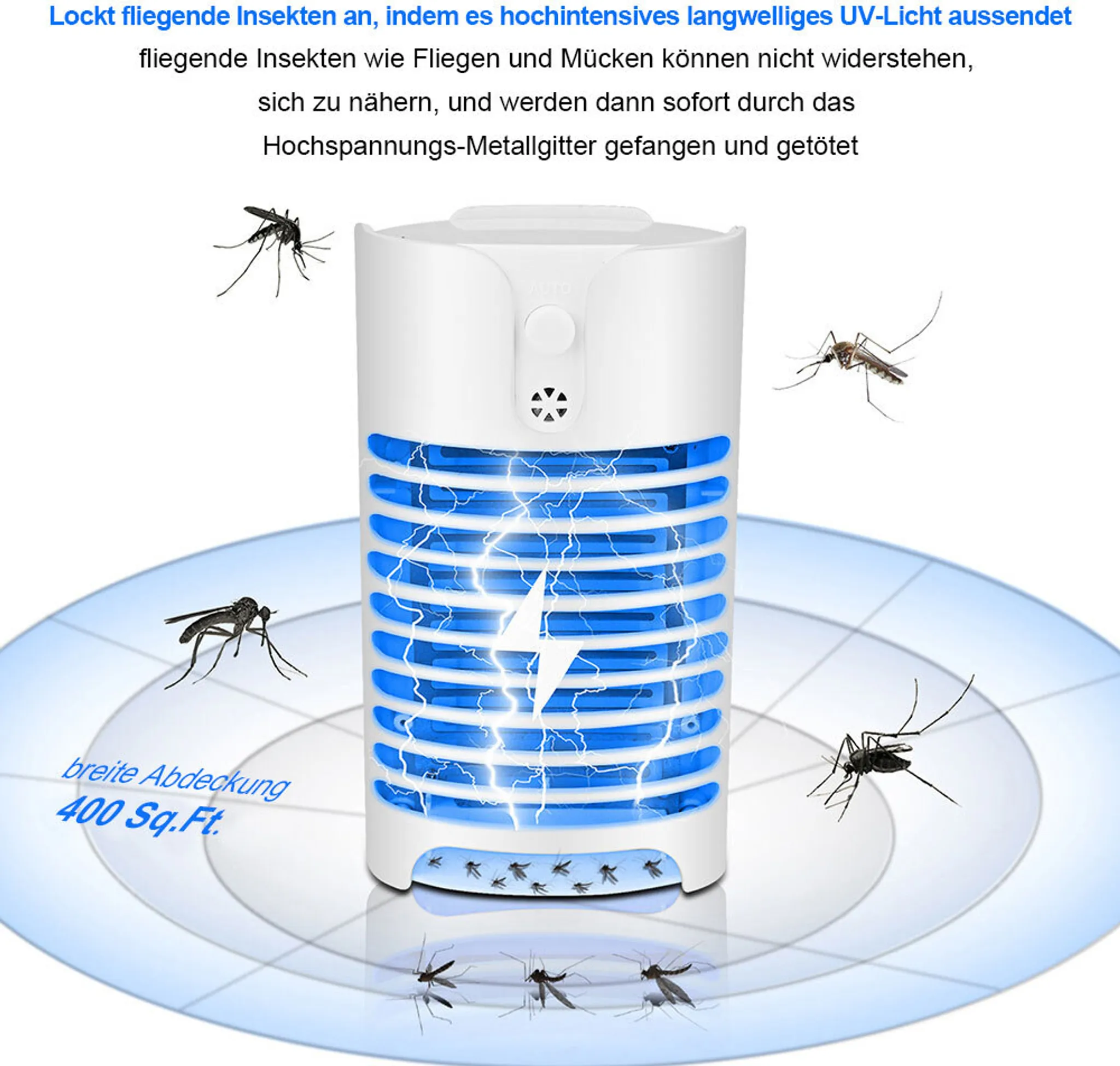 Ein weißer Insektenvernichter mit blauer UV-Beleuchtung und Mücken.