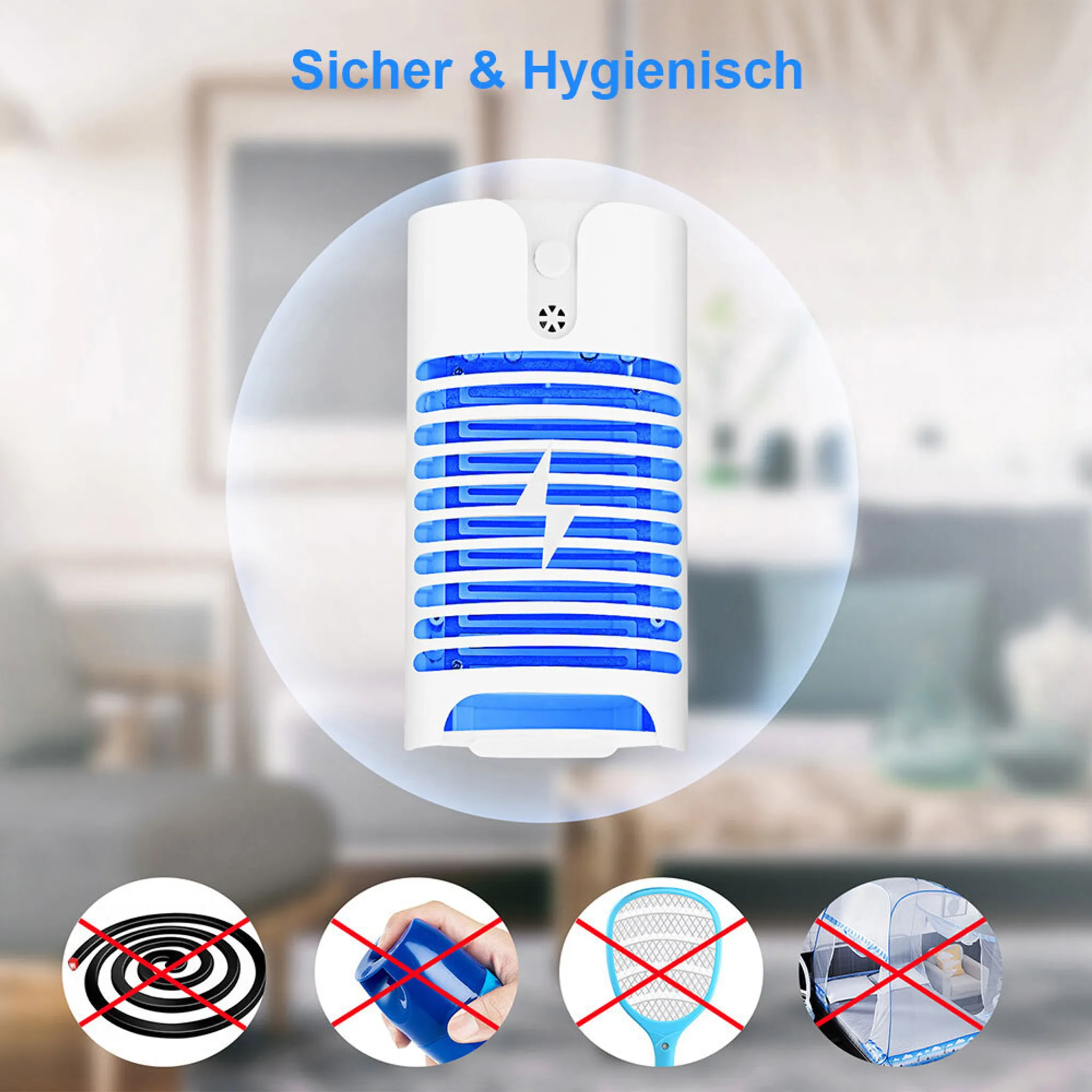 Elektrische Mückenlampe mit vier Symbolen, die Alternativen verbieten.