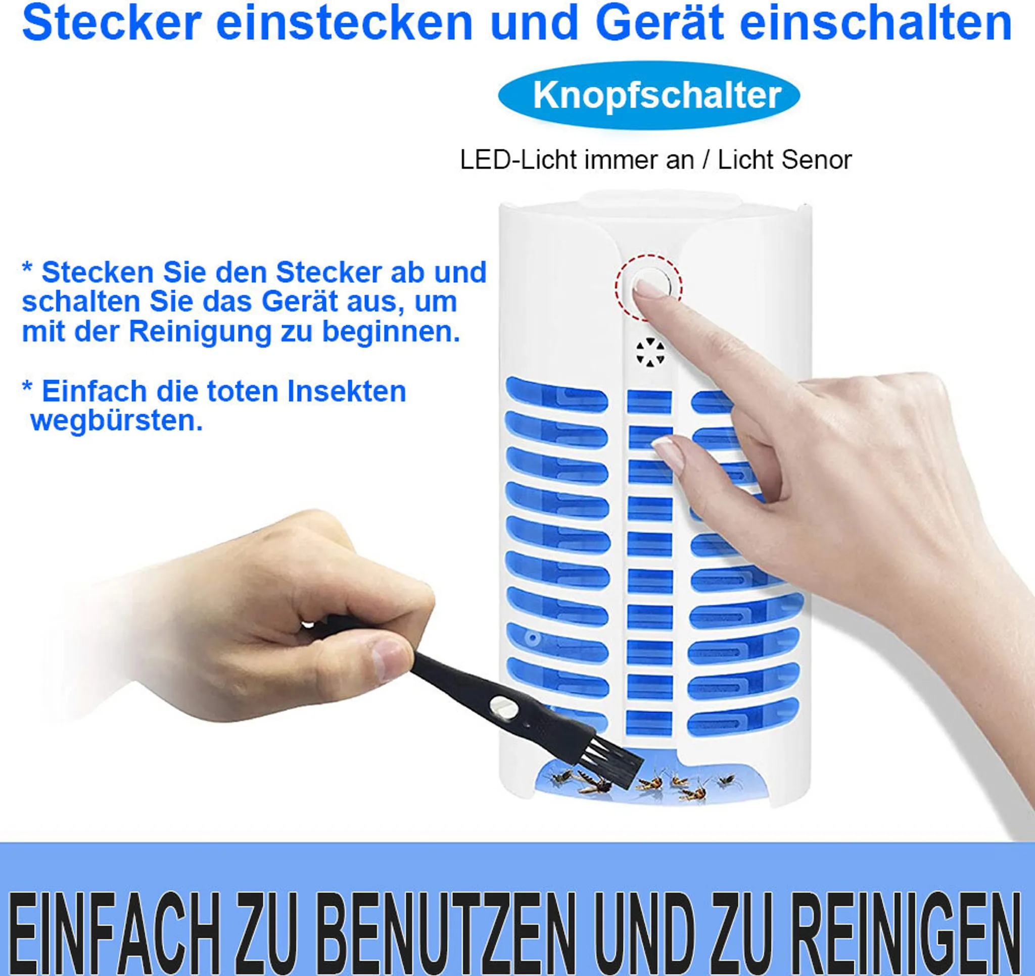 Ein Insektenvernichter mit blauer Gitterstruktur, einem Knopf und einer Bürste.