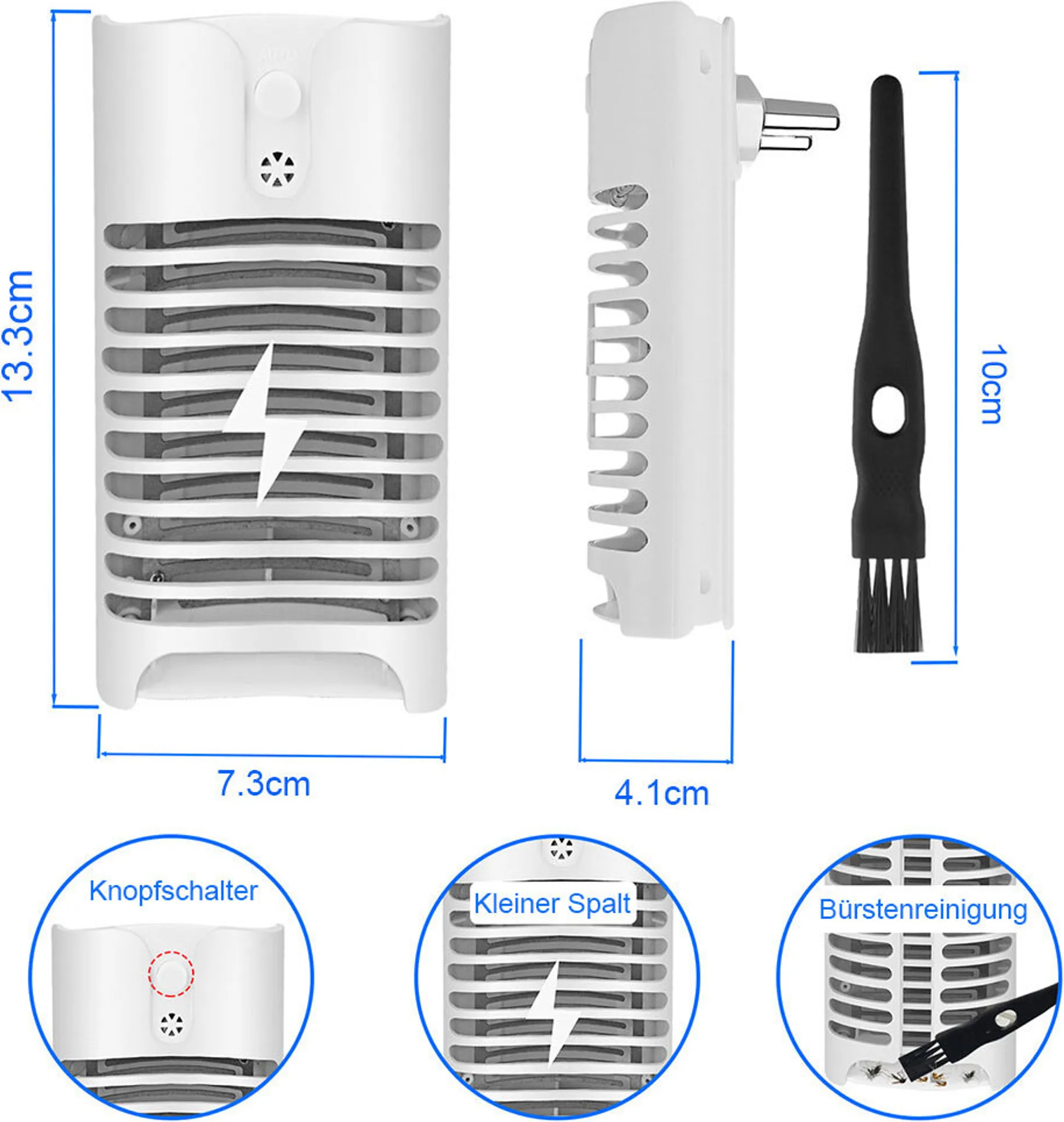 Weiße Plug-in-Heizung mit Lüftungsschlitzen, Schalter und Bürste.