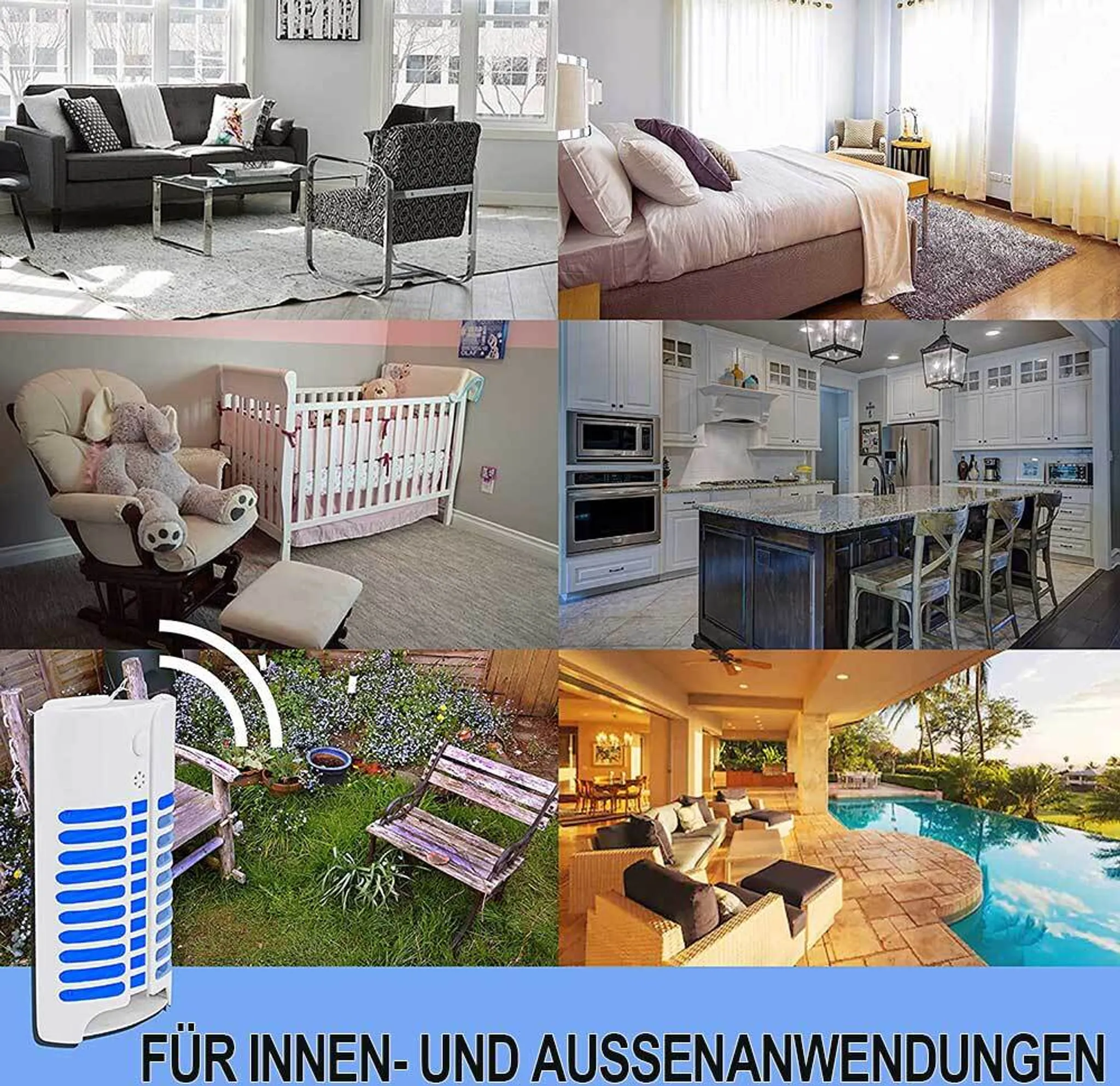 Collage von Wohn-, Schlaf-, Kinderzimmer, Küche, Garten & Pool.