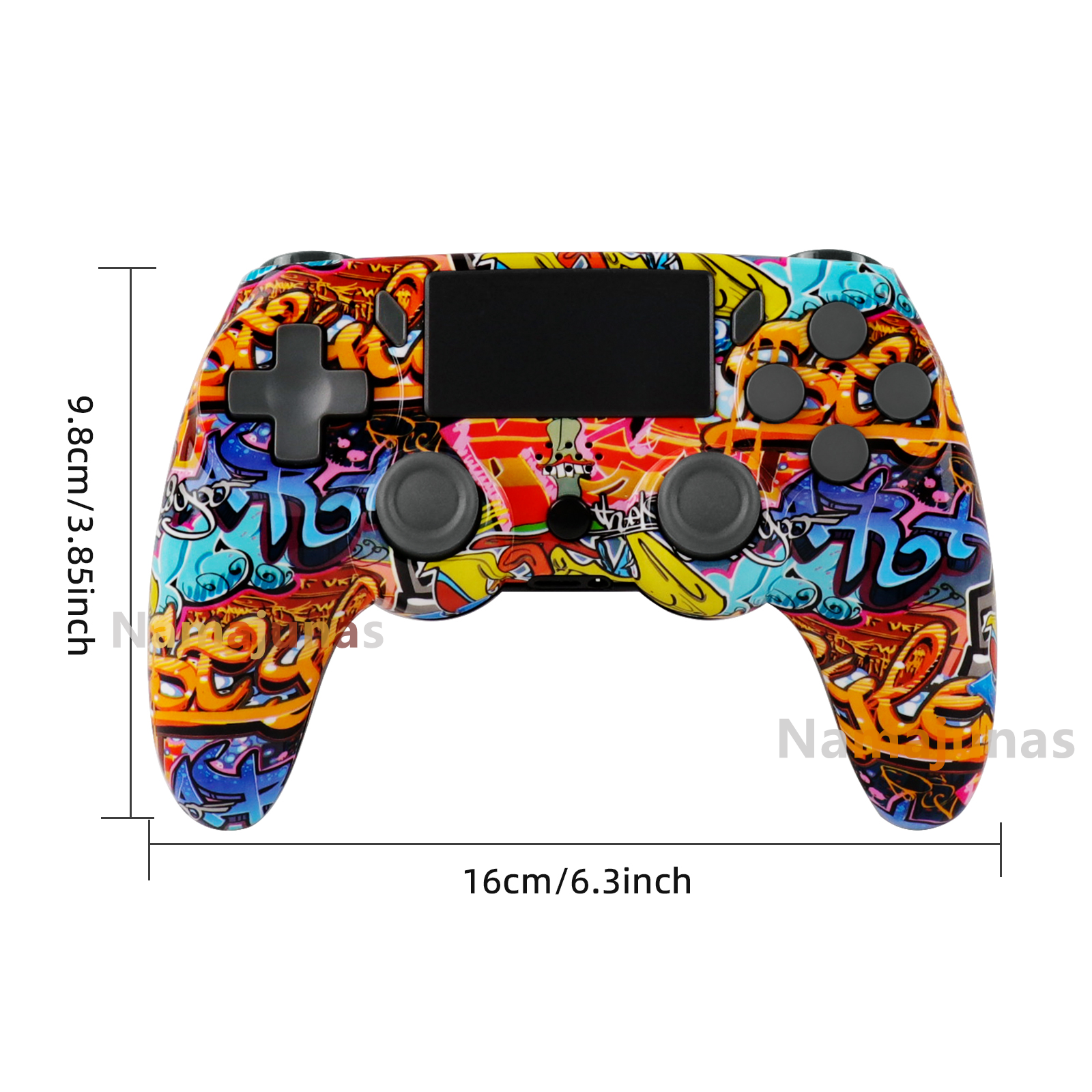 Ein Controller mit Graffiti-Design in Orange, Blau, Gelb und Pink.