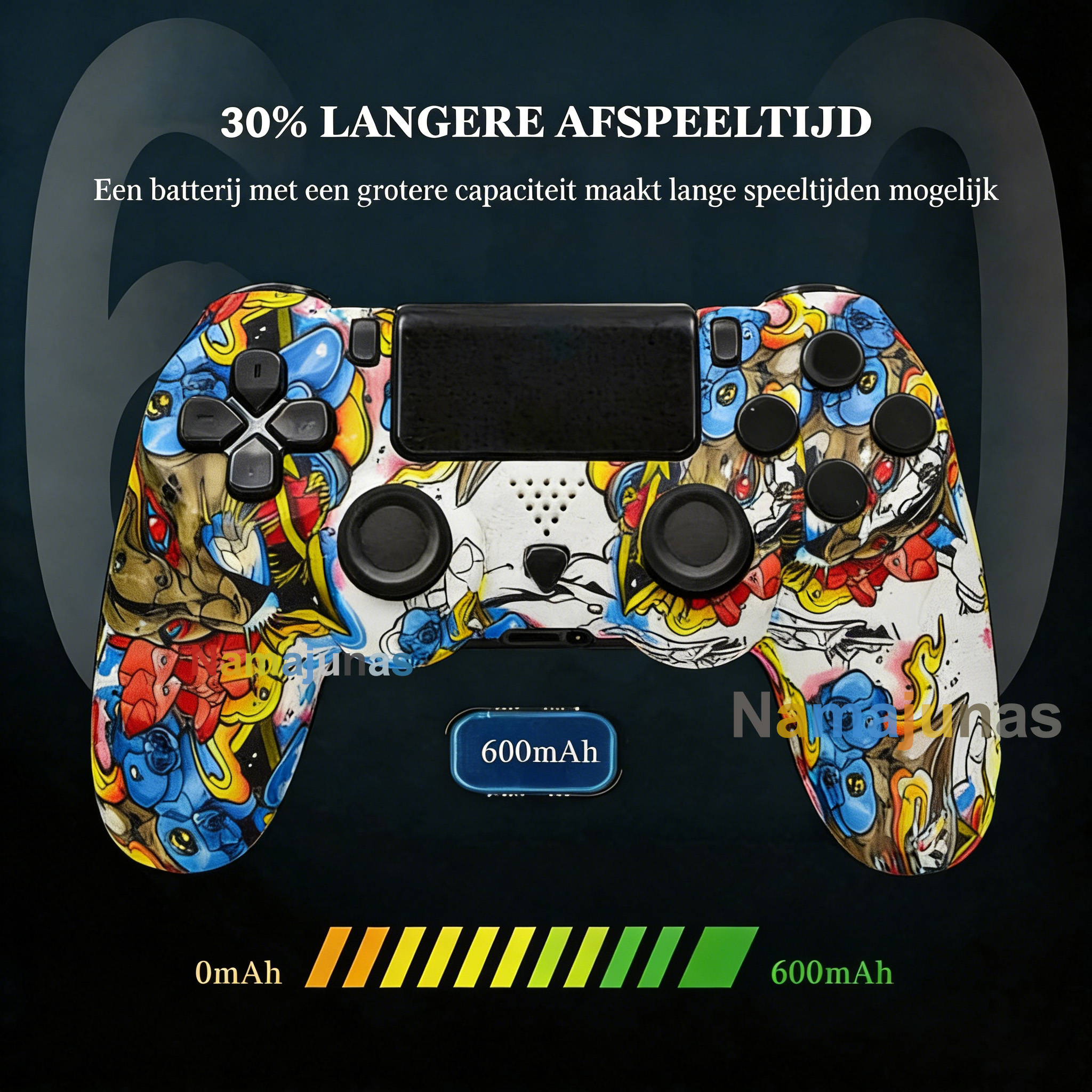 Bunter Controller mit 600mAh Akku-Anzeige. 30% längere Spielzeit.