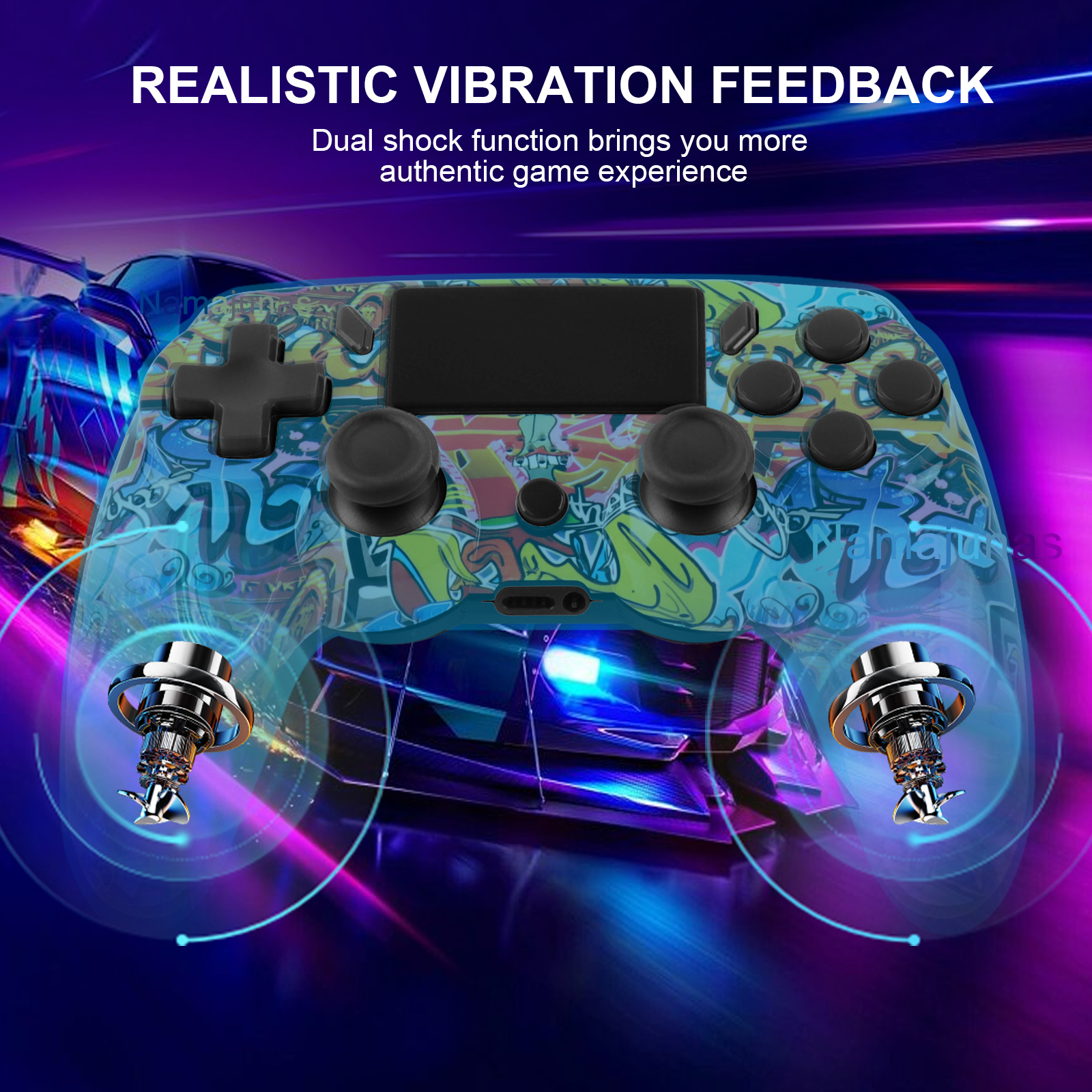 Ein Gamecontroller mit Graffiti-Design, mit zwei Vibrationsmotoren.