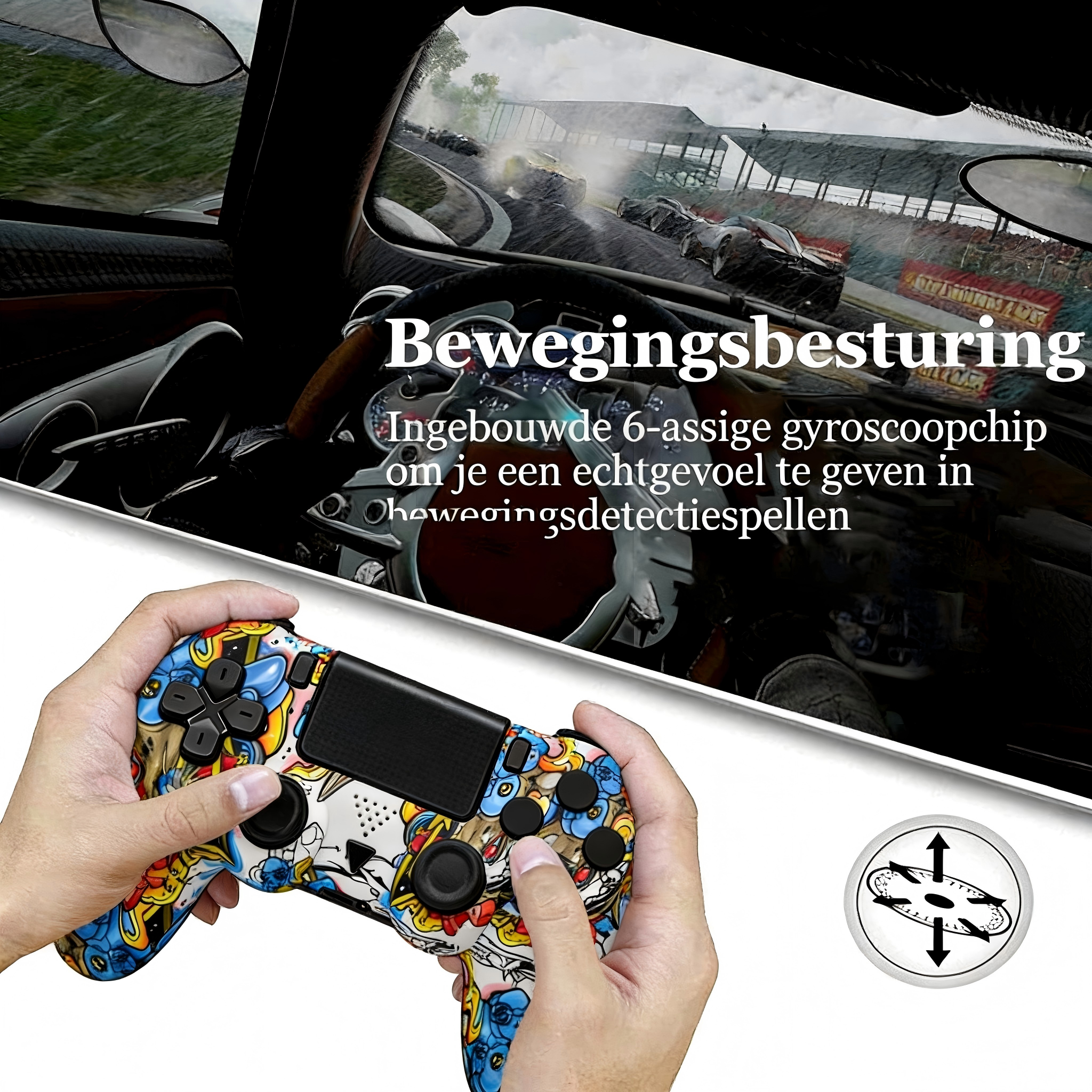 Bunte Spielkonsole in Händen, Rennspiel-Simulation im Hintergrund.