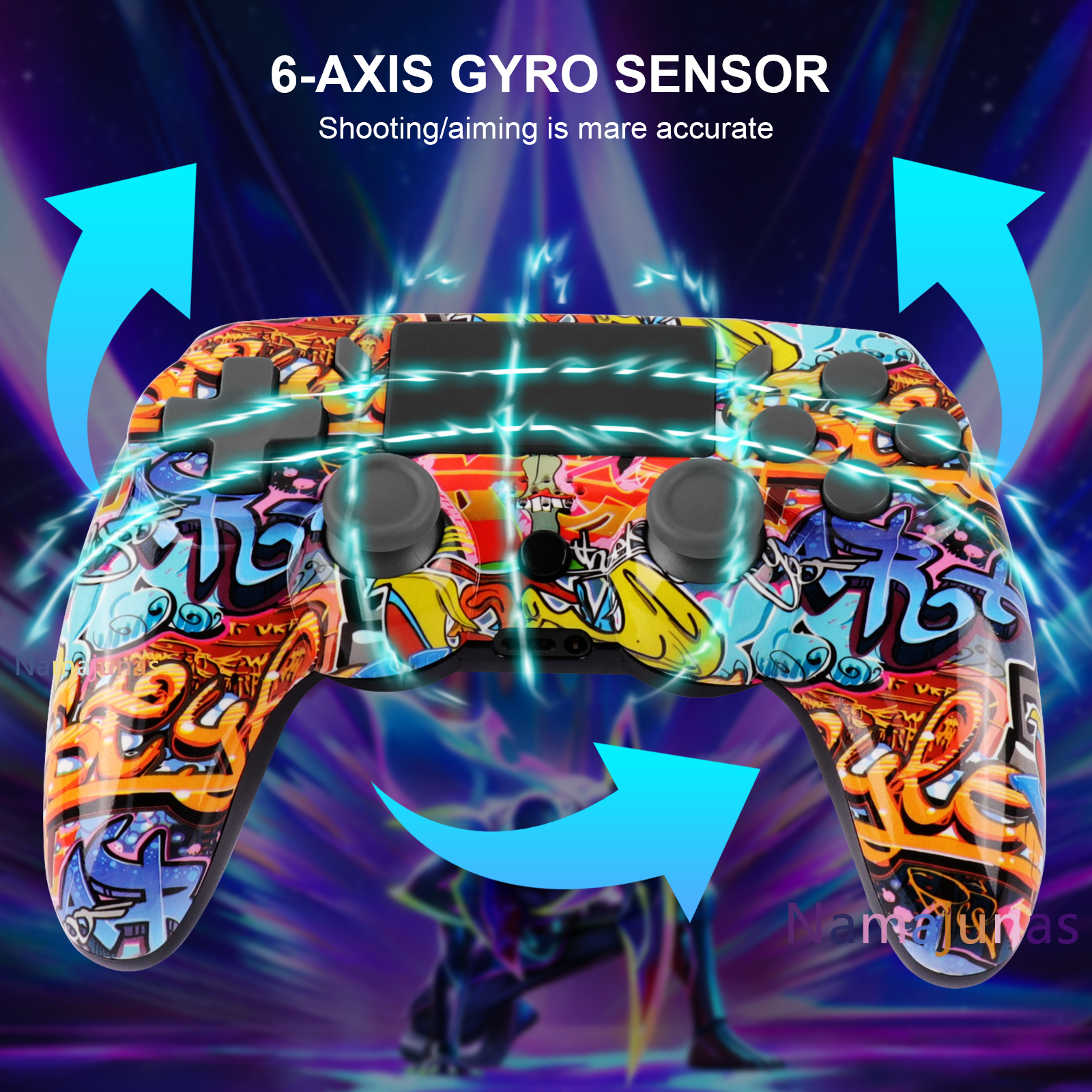 Ein Gamecontroller mit Graffiti-Design, leuchtenden Linien und Pfeilen.