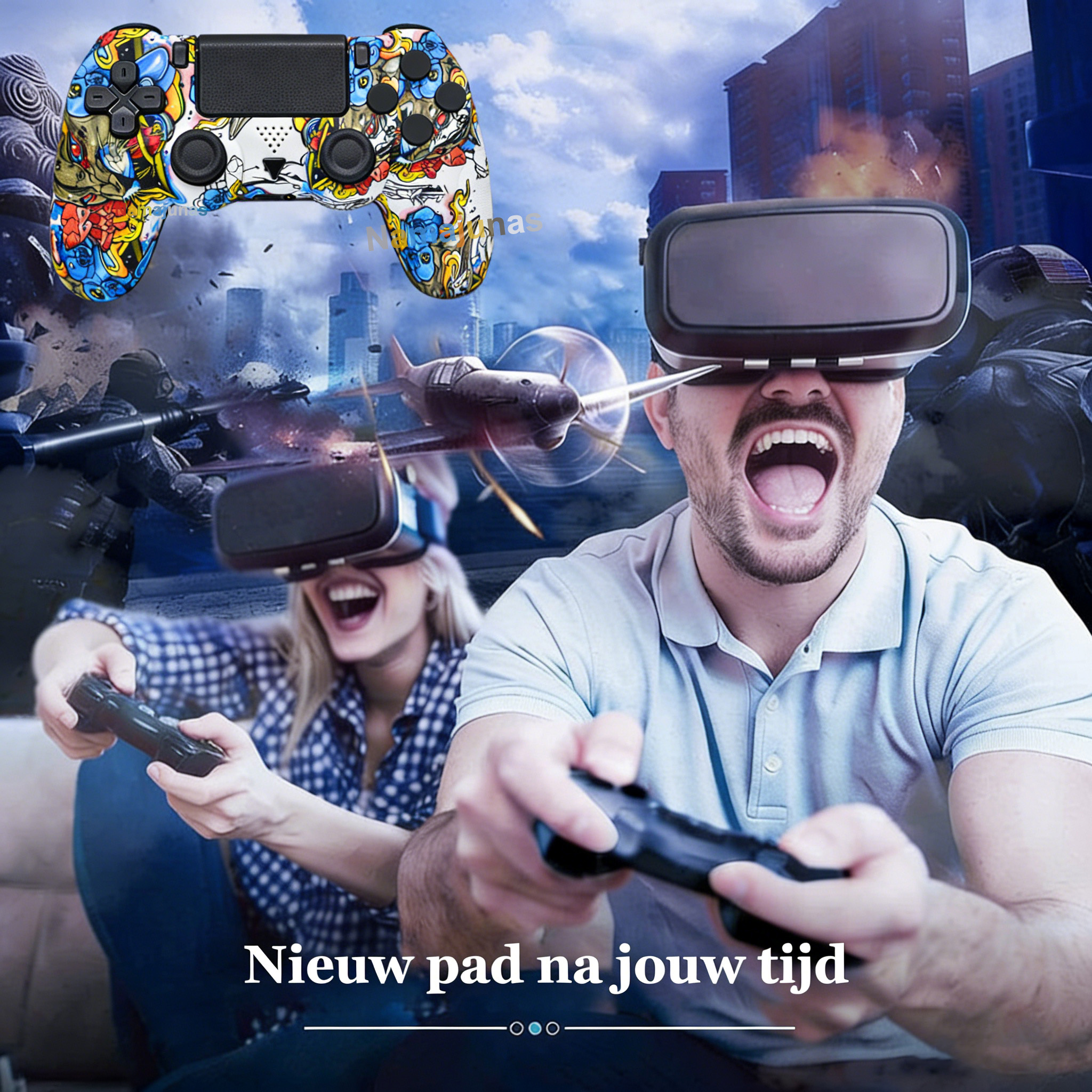 VR-Spieler mit Controller und VR-Brille vor Stadtkulisse mit Flugzeug.