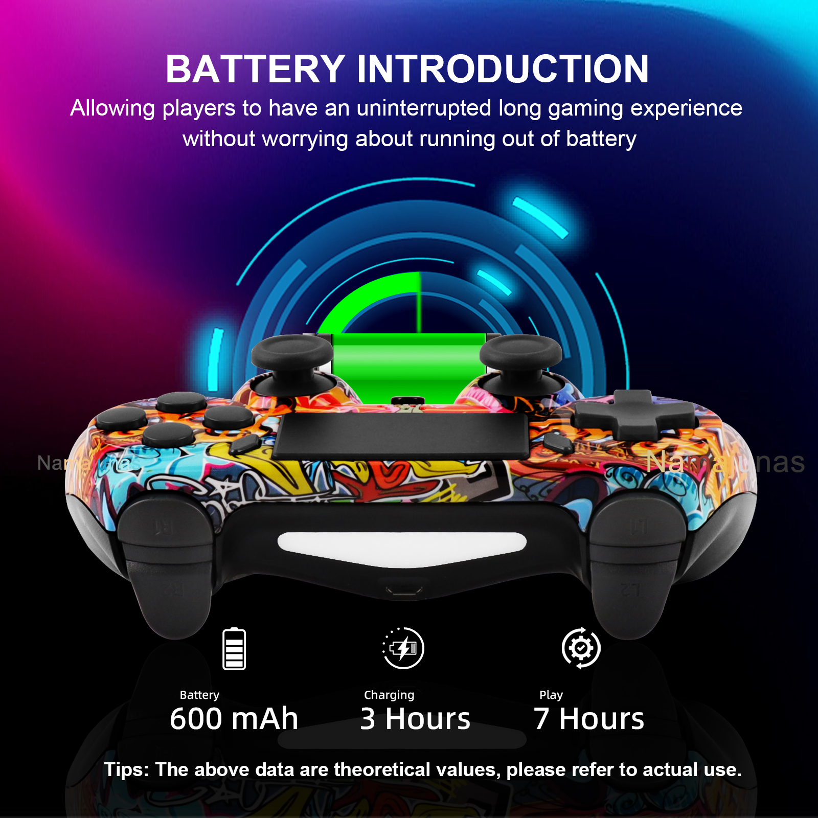 Ein bunter Gamecontroller mit Akkuinformationen: 600 mAh, 3h Ladezeit, 7h Spielzeit.
