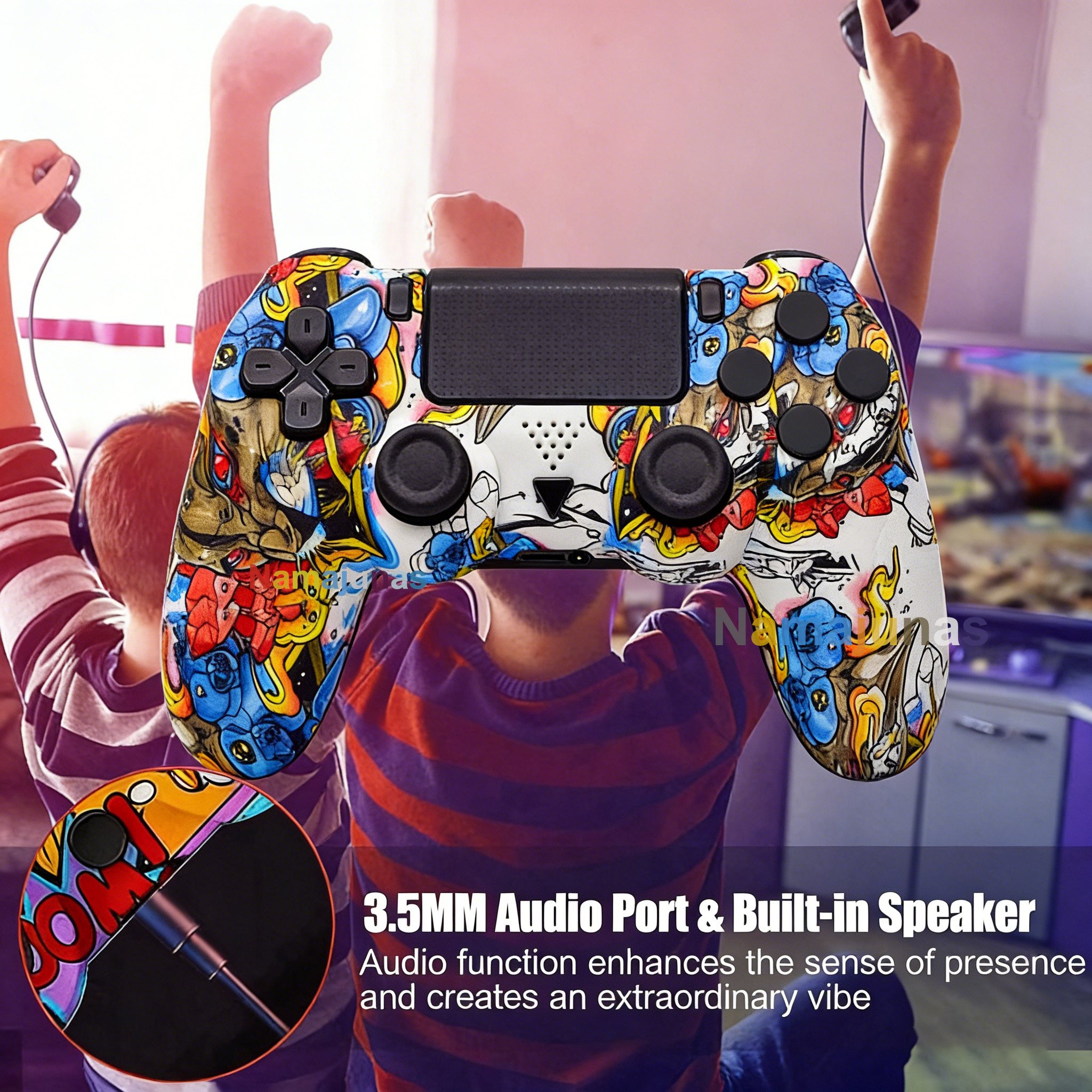 Ein bunter Controller mit Comic-Aufdruck vor Kindern, die spielen.