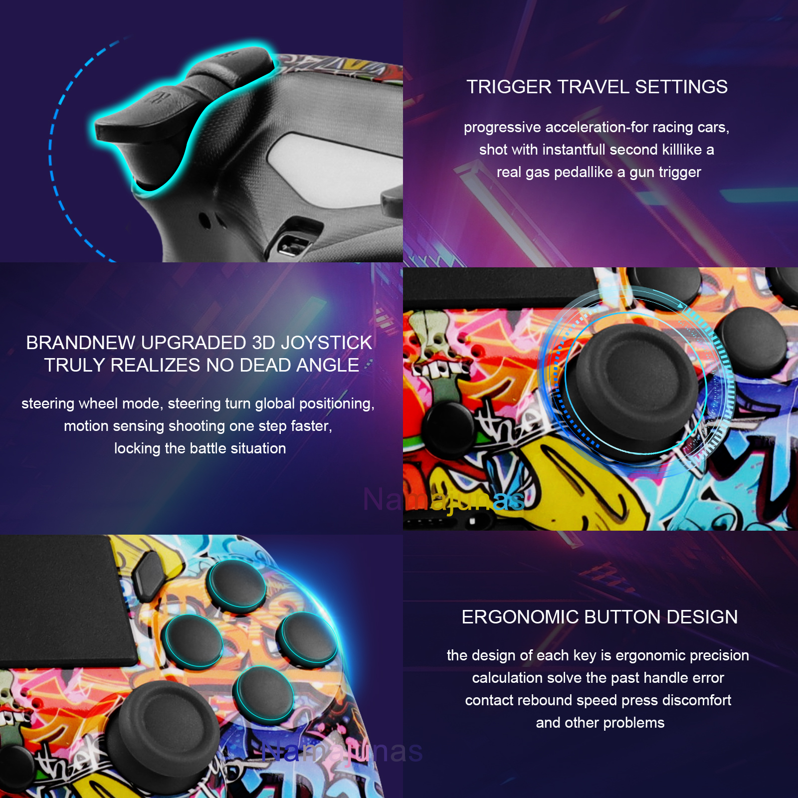 Nahaufnahme eines bunten Gaming-Controllers mit technischen Details.