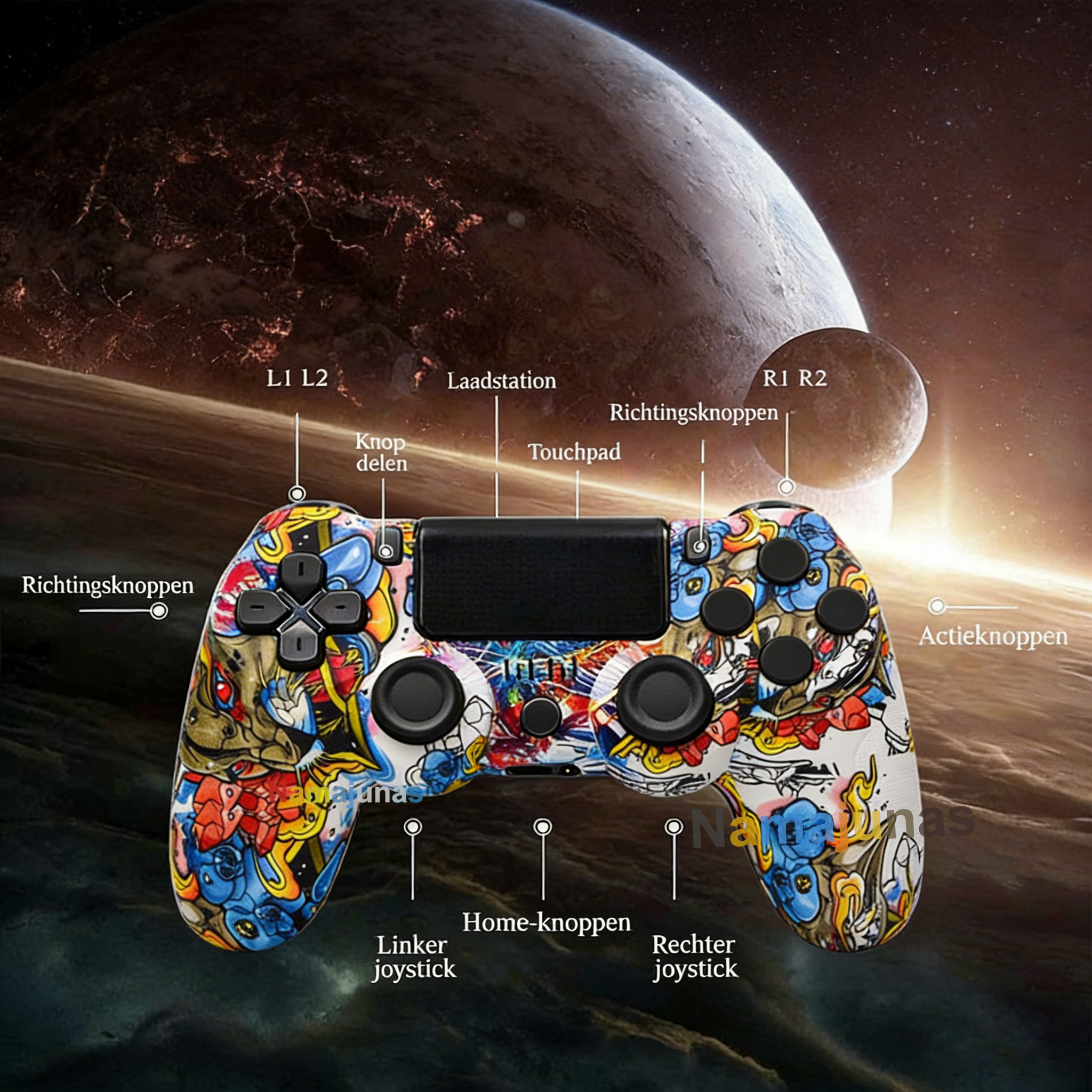 Ein bunter Controller mit Weltraumkulisse und Beschriftungen.
