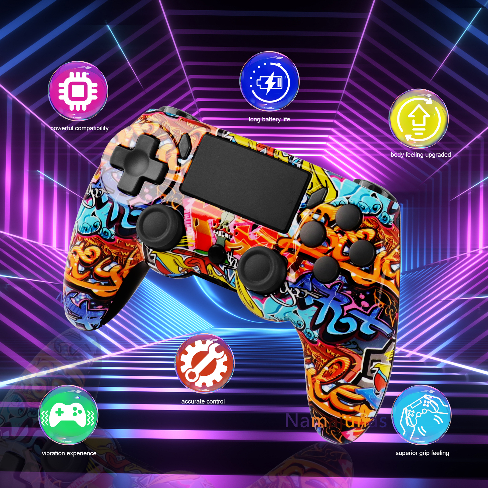 Bunter Gaming-Controller mit Symbolen für Leistung und Funktionen.