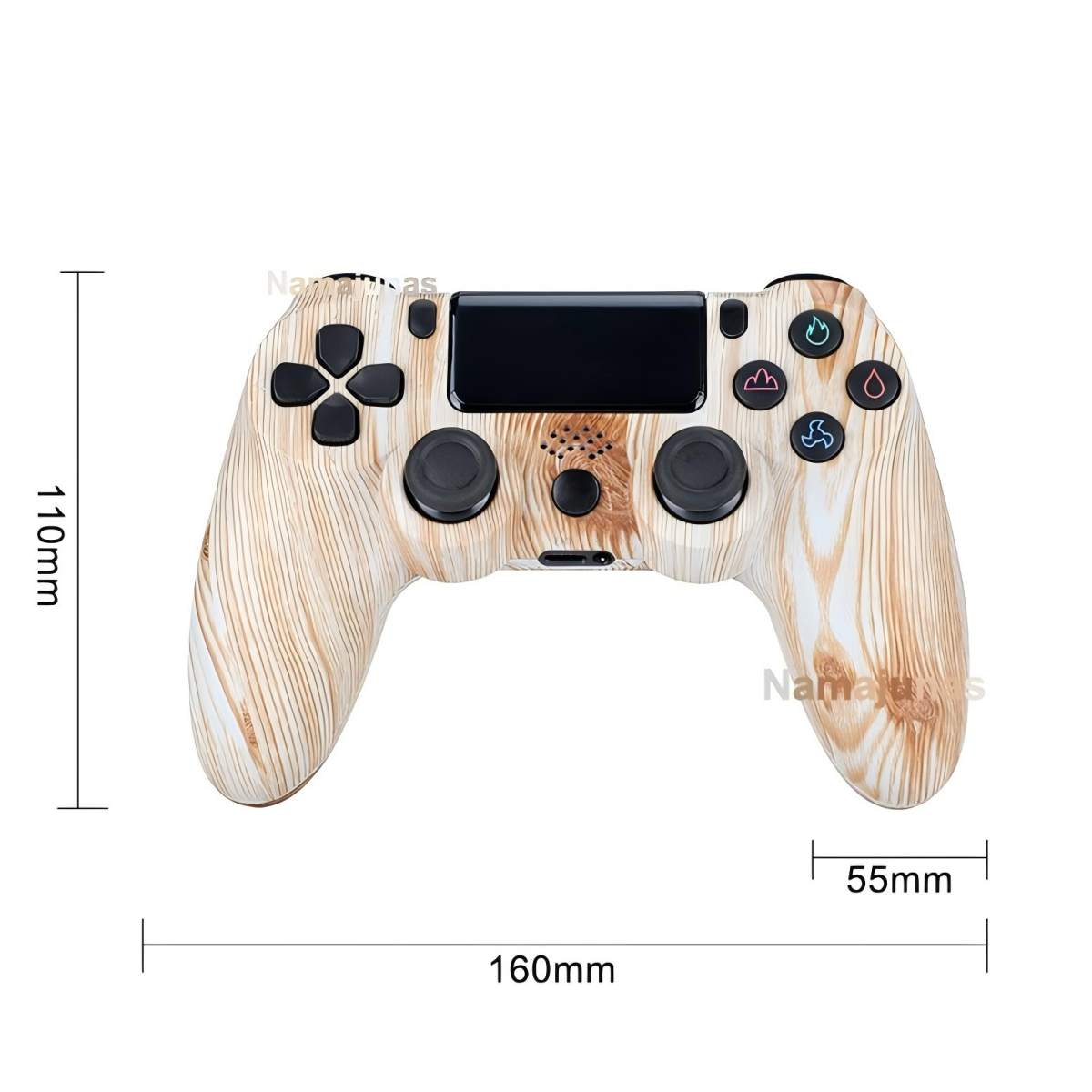 Ein weißer Gamecontroller mit Holzmaserung, Maße 160x110x55mm.