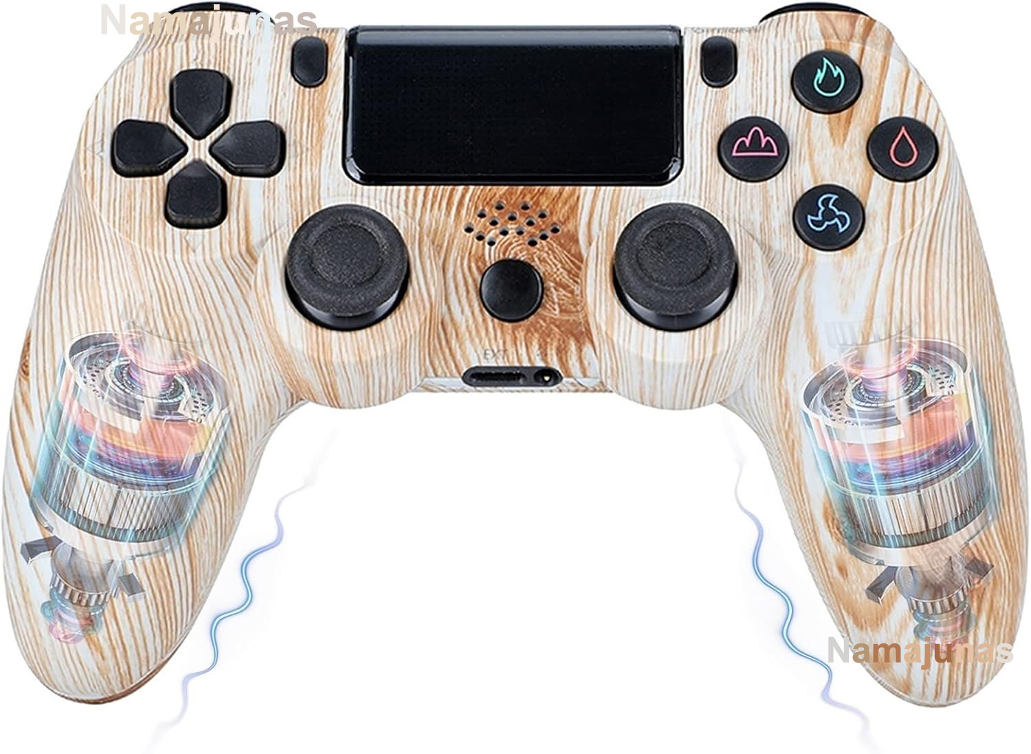 Ein Controller mit Holzmaserung und sichtbaren Motoren, die Vibrationen erzeugen.