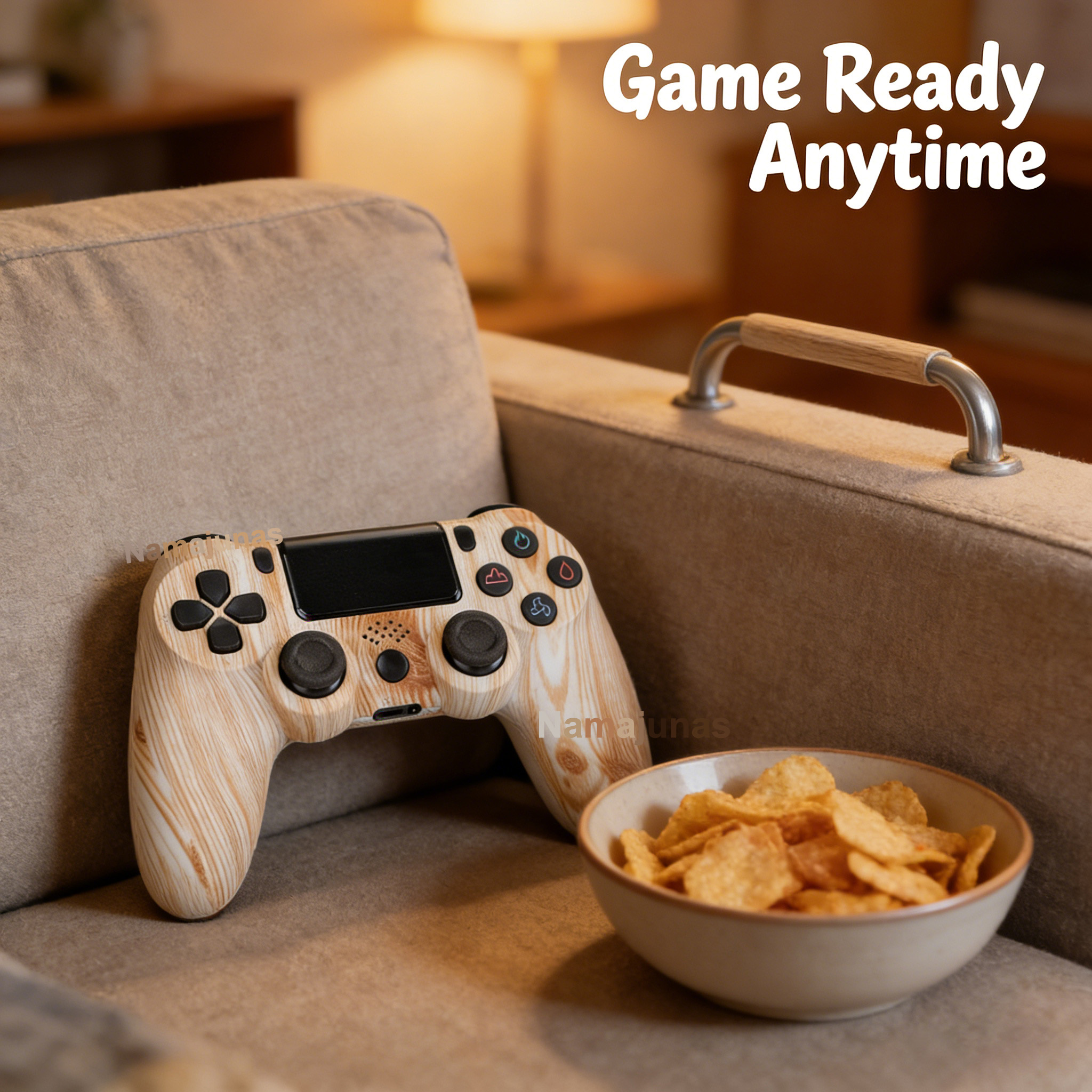 Ein Controller mit Holzmaserung und eine Schüssel Cornflakes auf einem Sofa.