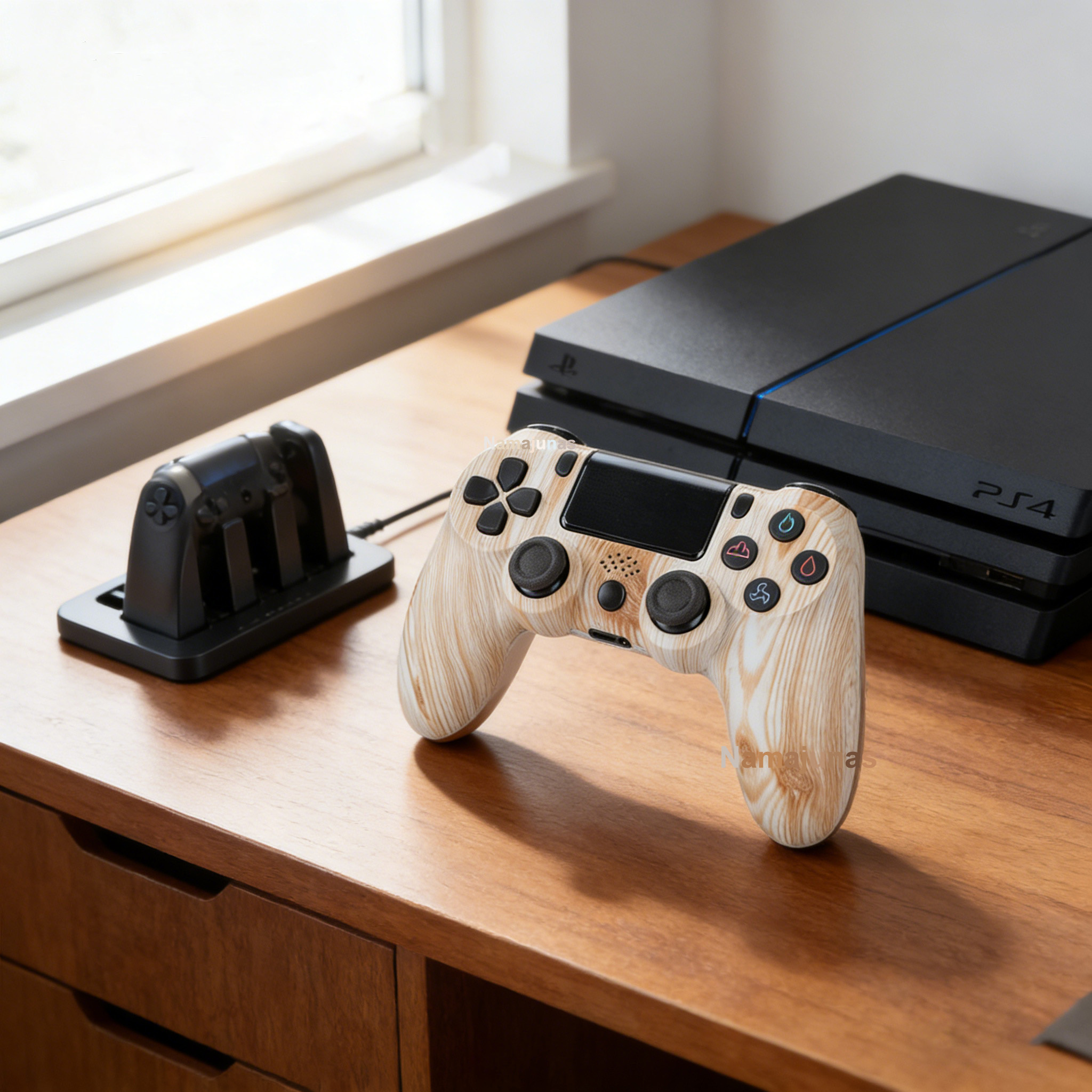 Ein Holzmaserungs-Controller steht neben einer schwarzen PS4 und einer Ladestation.