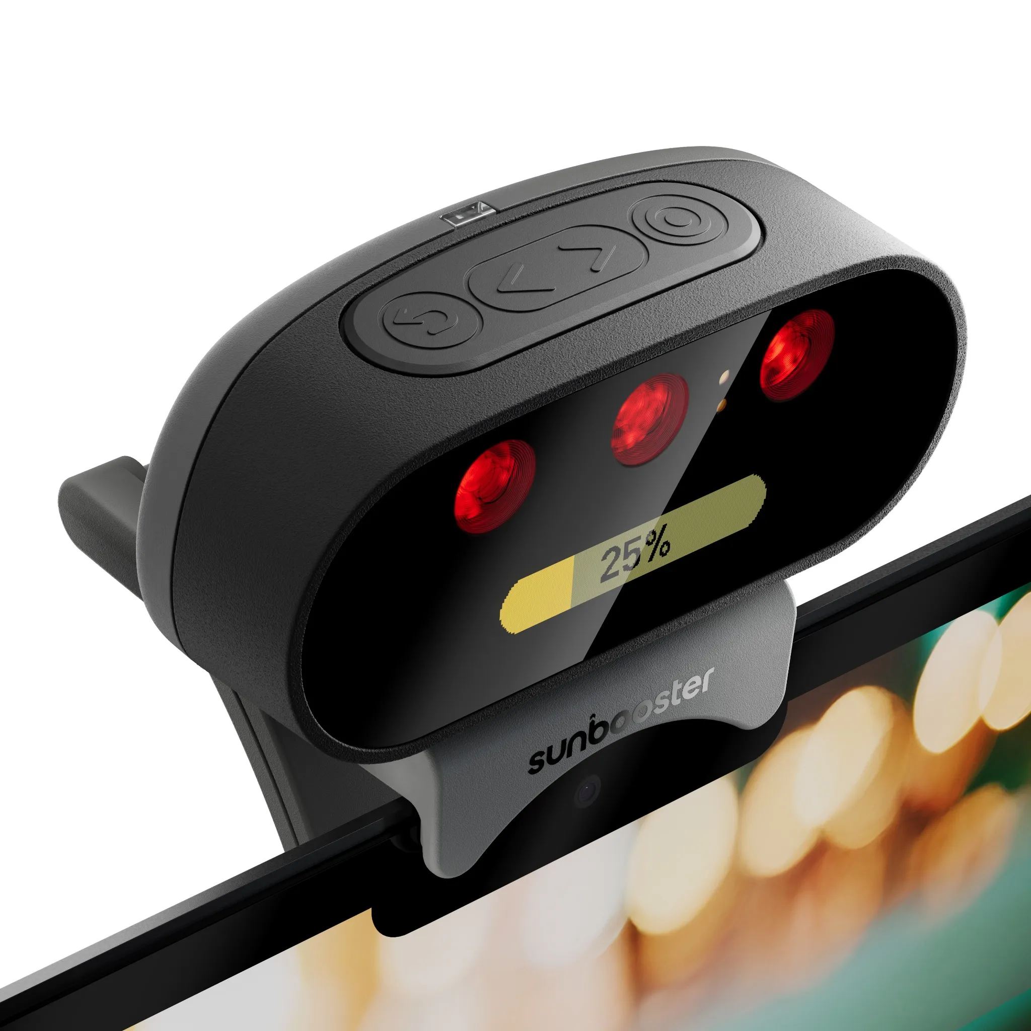 Black device with red lights and 25% charge display over a screen.