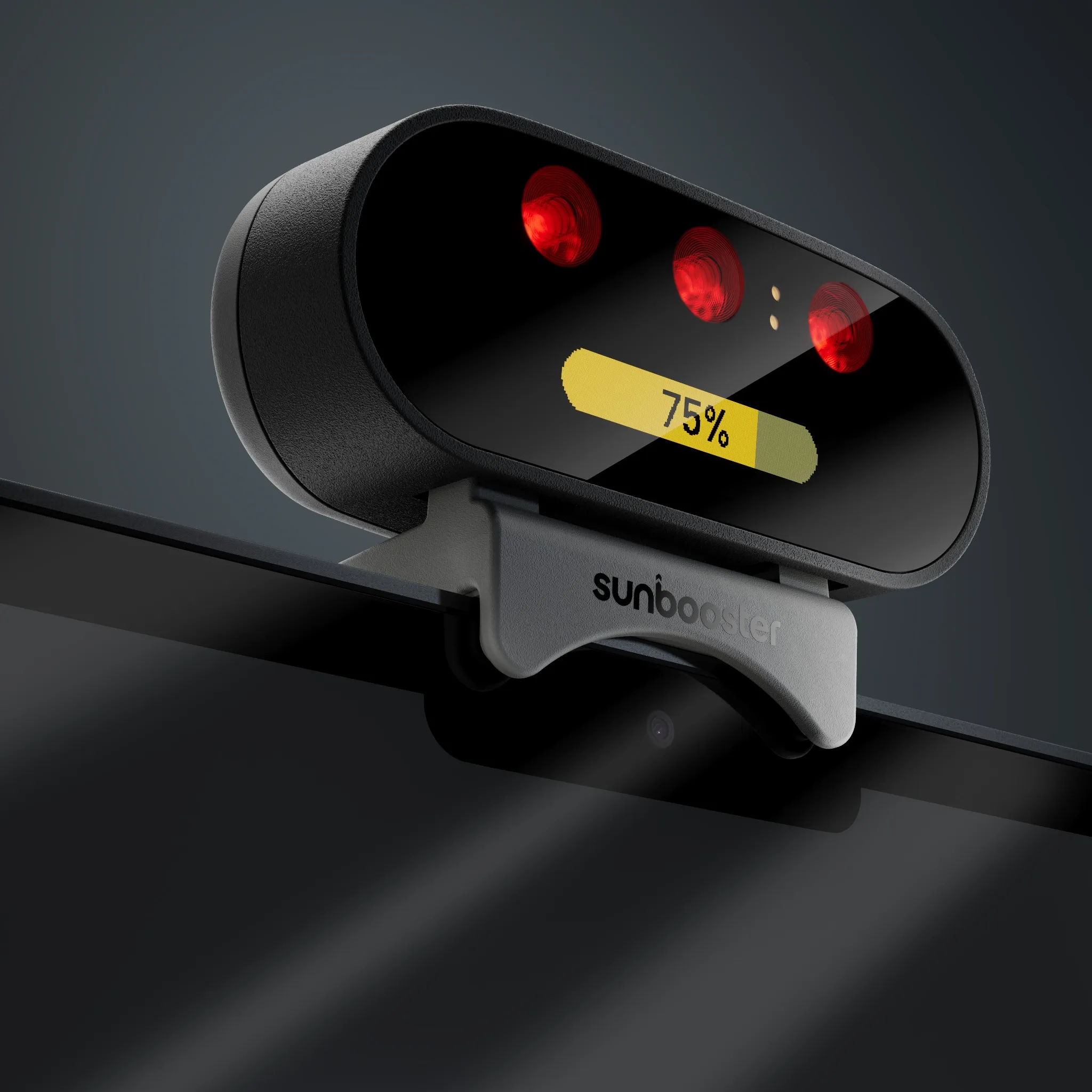 A black sunbooster device with three red lights and a 75% display.