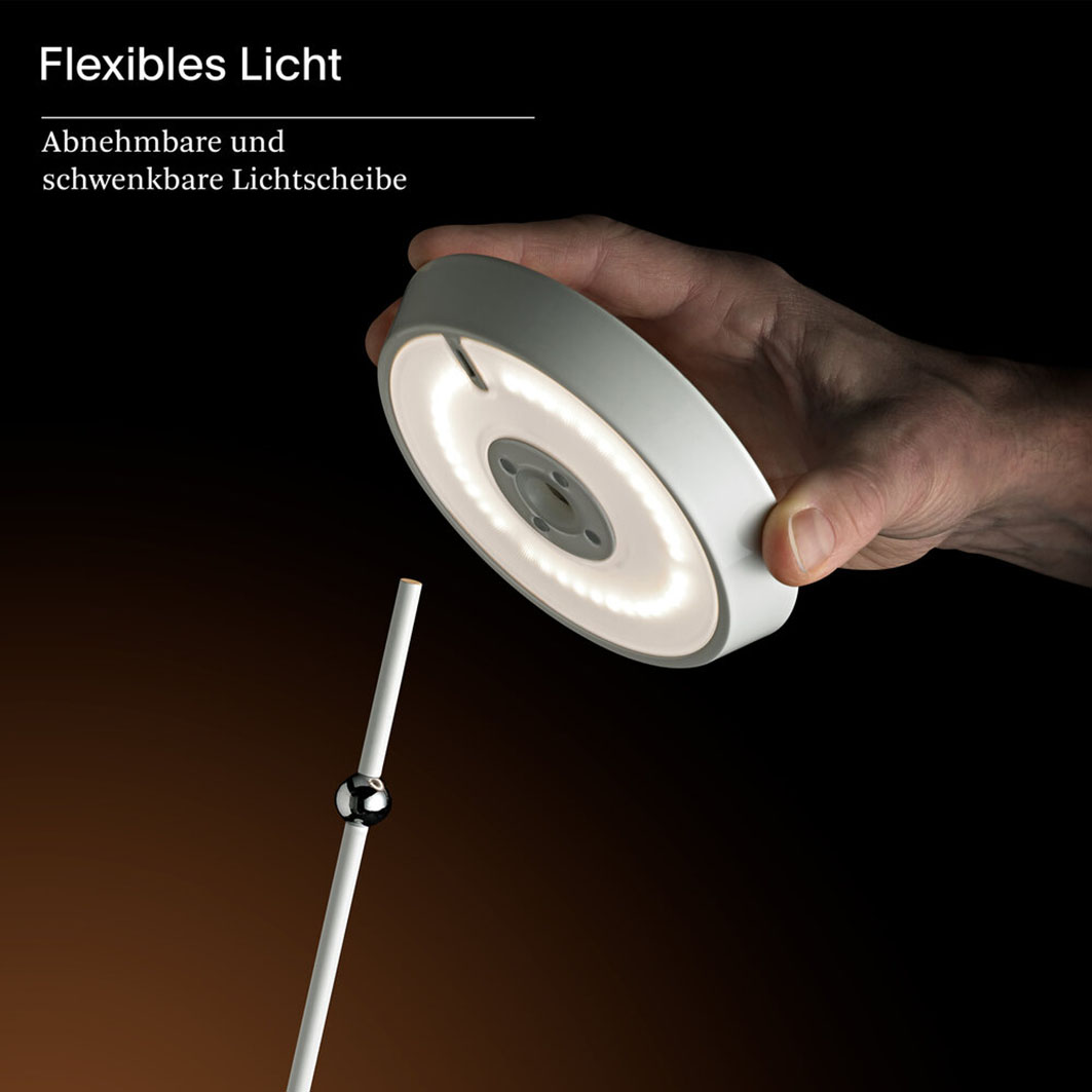 Hand hält runde Lampe mit LEDs, daneben ein Stab. Text: Flexibles Licht.