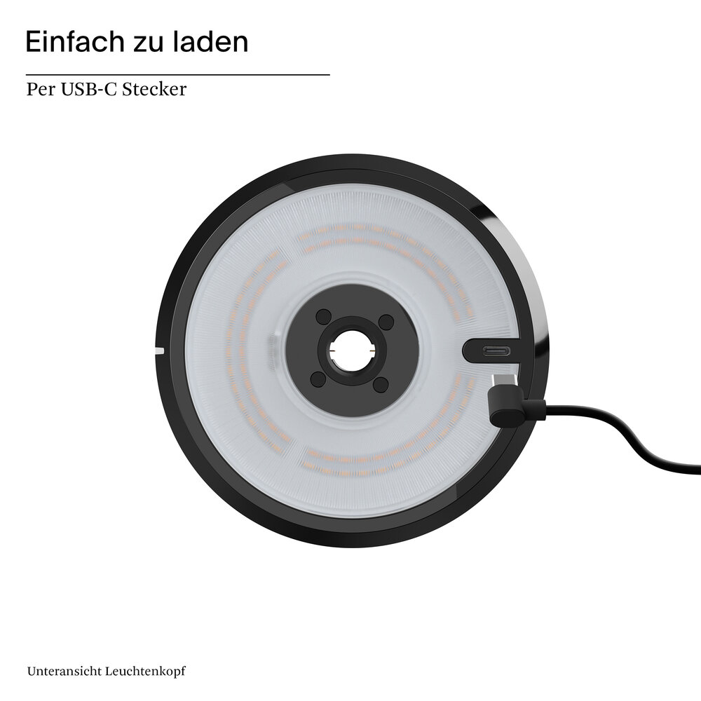 Rundes, schwarzes Gehäuse mit USB-C-Anschluss und Kabel. Innenwicklung mit LEDs.