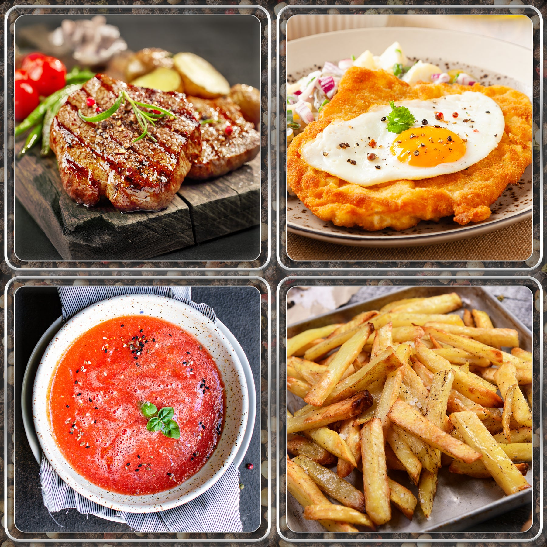 Vier Gerichte: Steak mit Beilagen, Schnitzel mit Ei, Tomatensuppe und Pommes.
